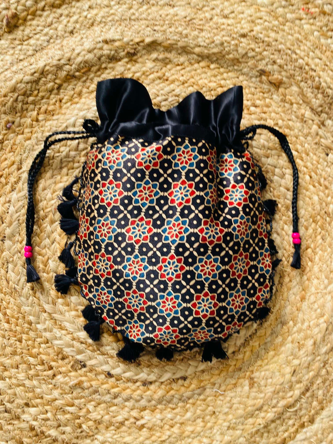Ajarakh Bead Work Tessal Potli Bag