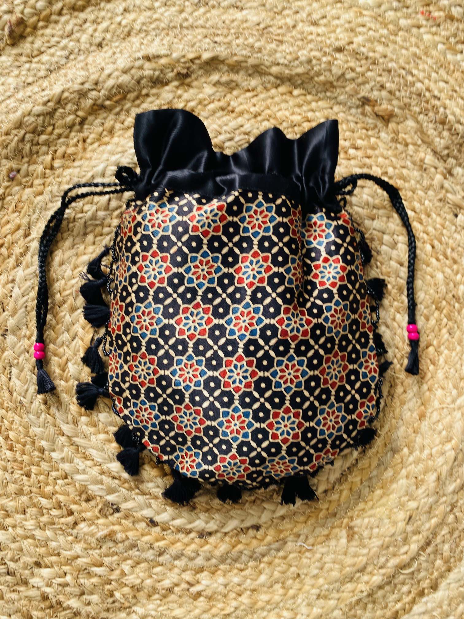 Ajarakh Bead Work Tessal Potli Bag