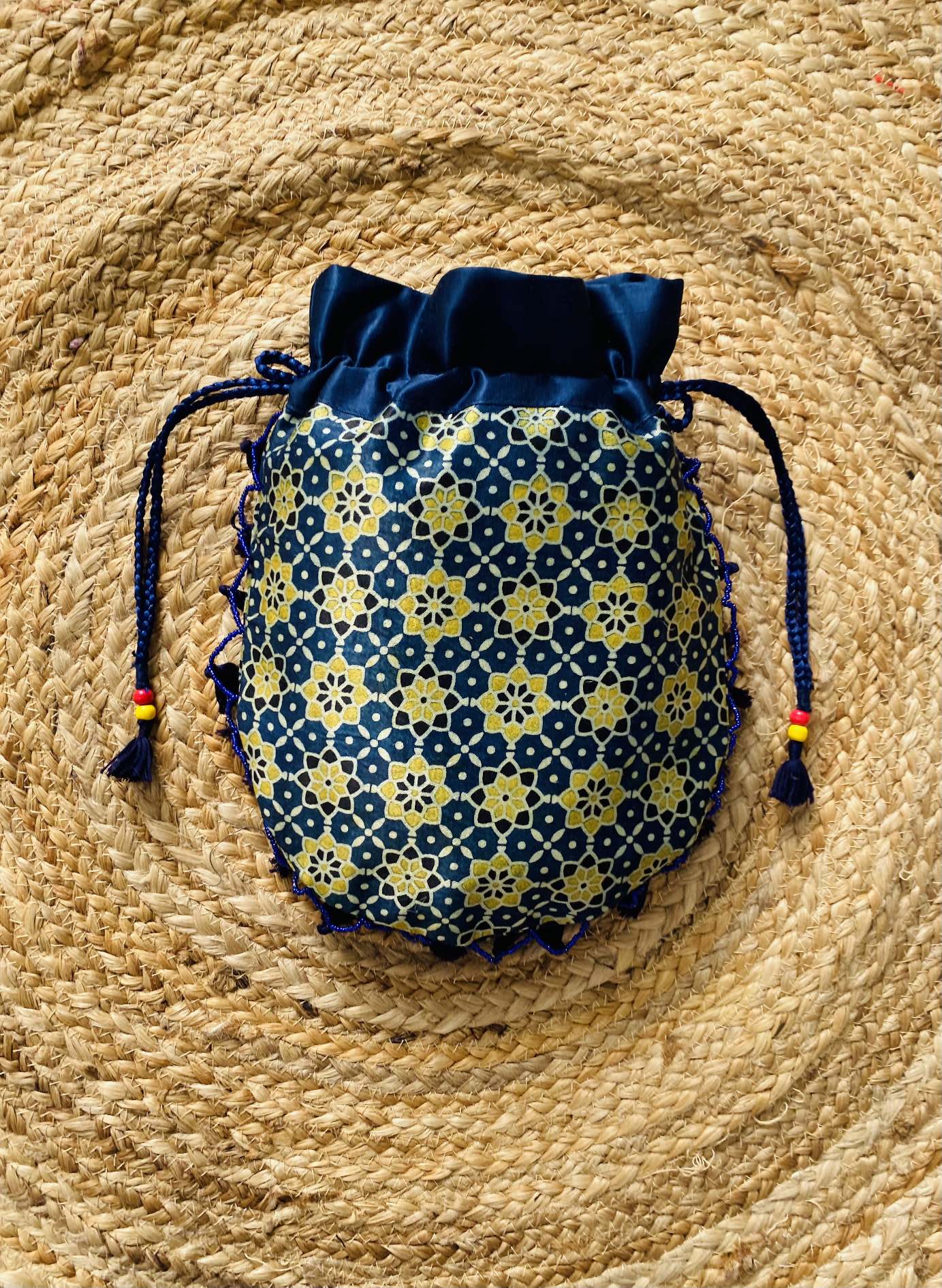 Ajarakh Bead Work Tessal Potli Bag