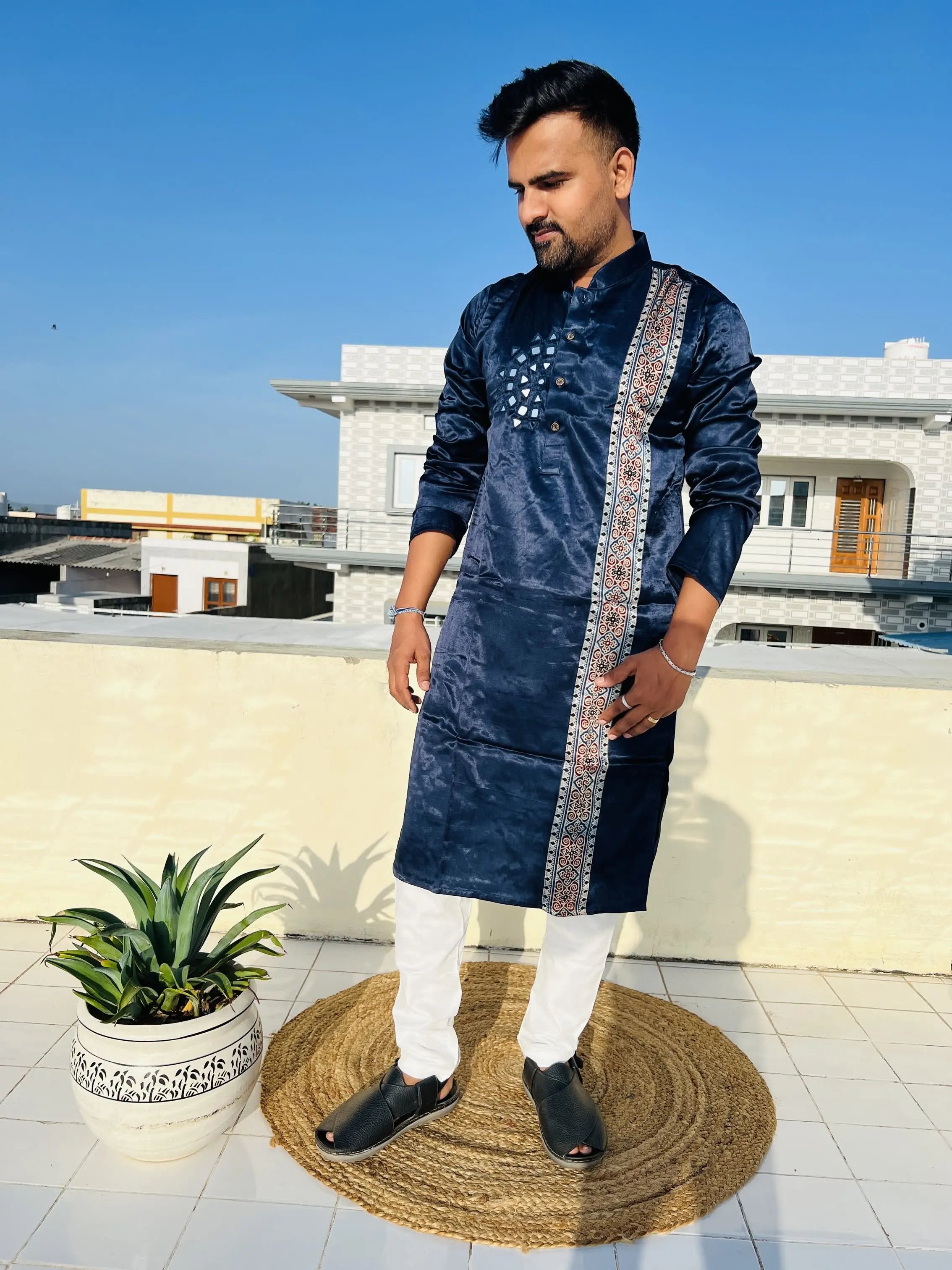 Blue Ajarakh Panel Mirror Mashroo Silk Long Kurta RAKHIYO