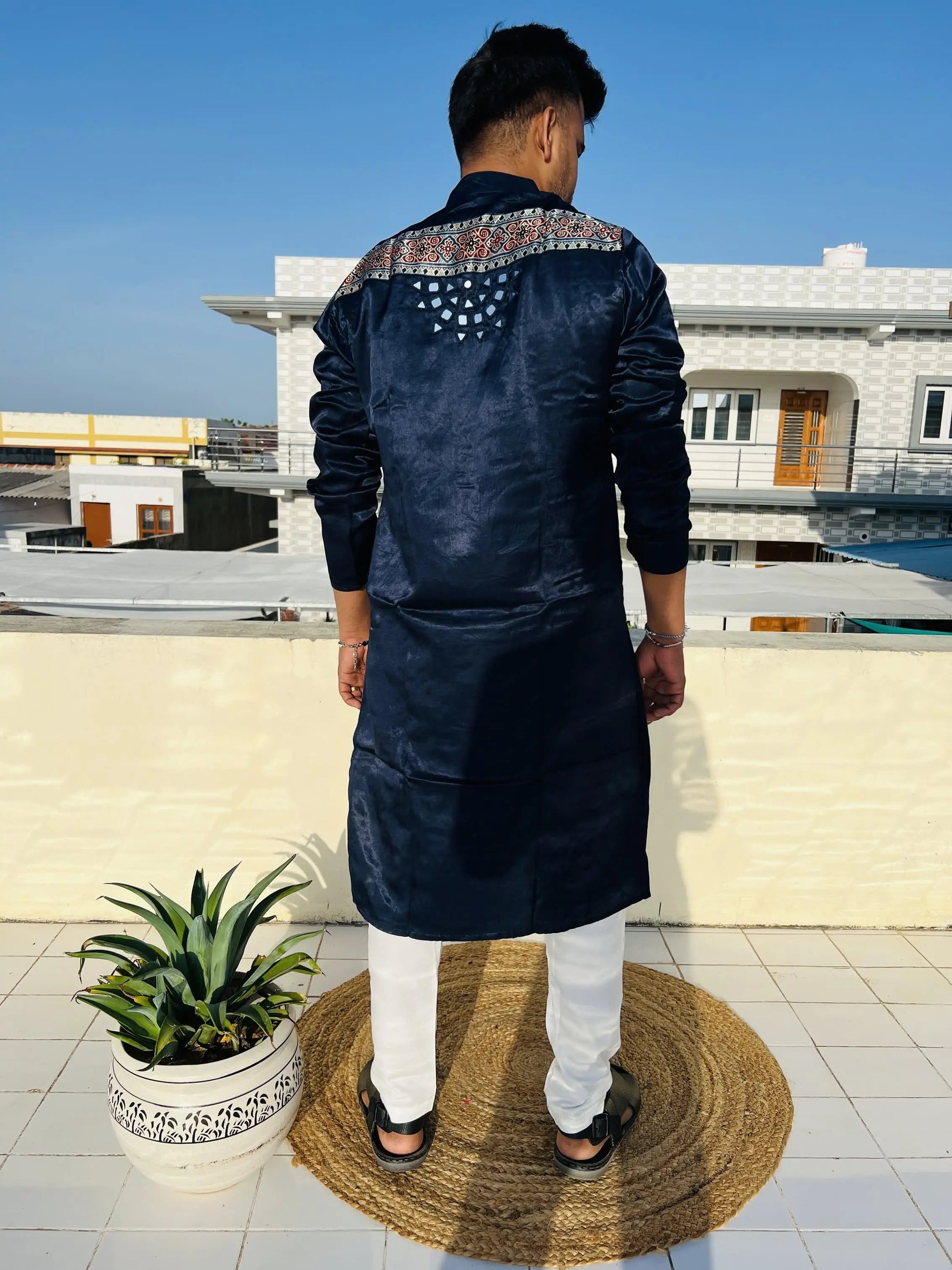 Blue Ajarakh Panel Mirror Mashroo Silk Long Kurta RAKHIYO