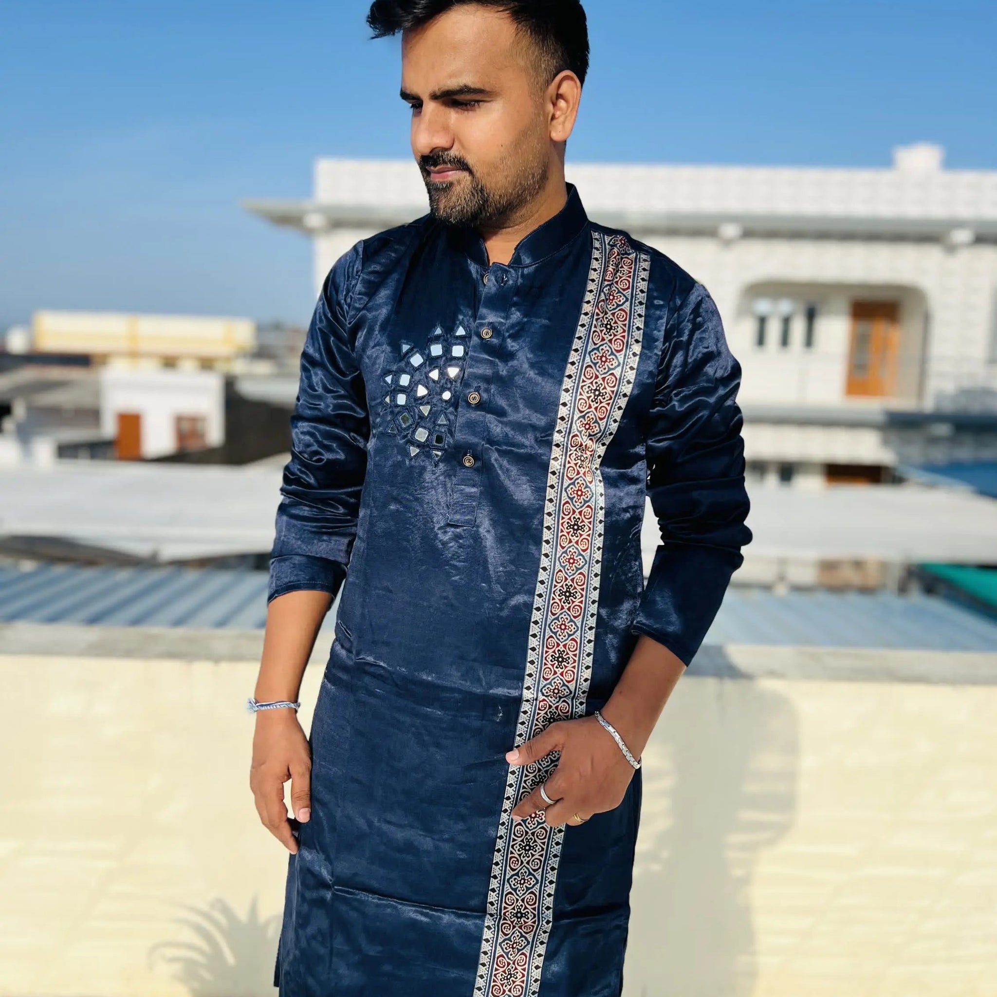Blue Ajarakh Panel Mirror Mashroo Silk Long Kurta RAKHIYO