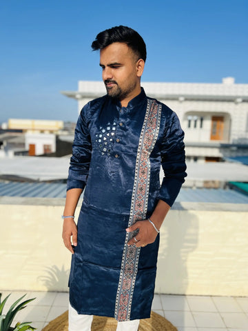Blue Ajarakh Panel Mirror Mashroo Silk Long Kurta RAKHIYO