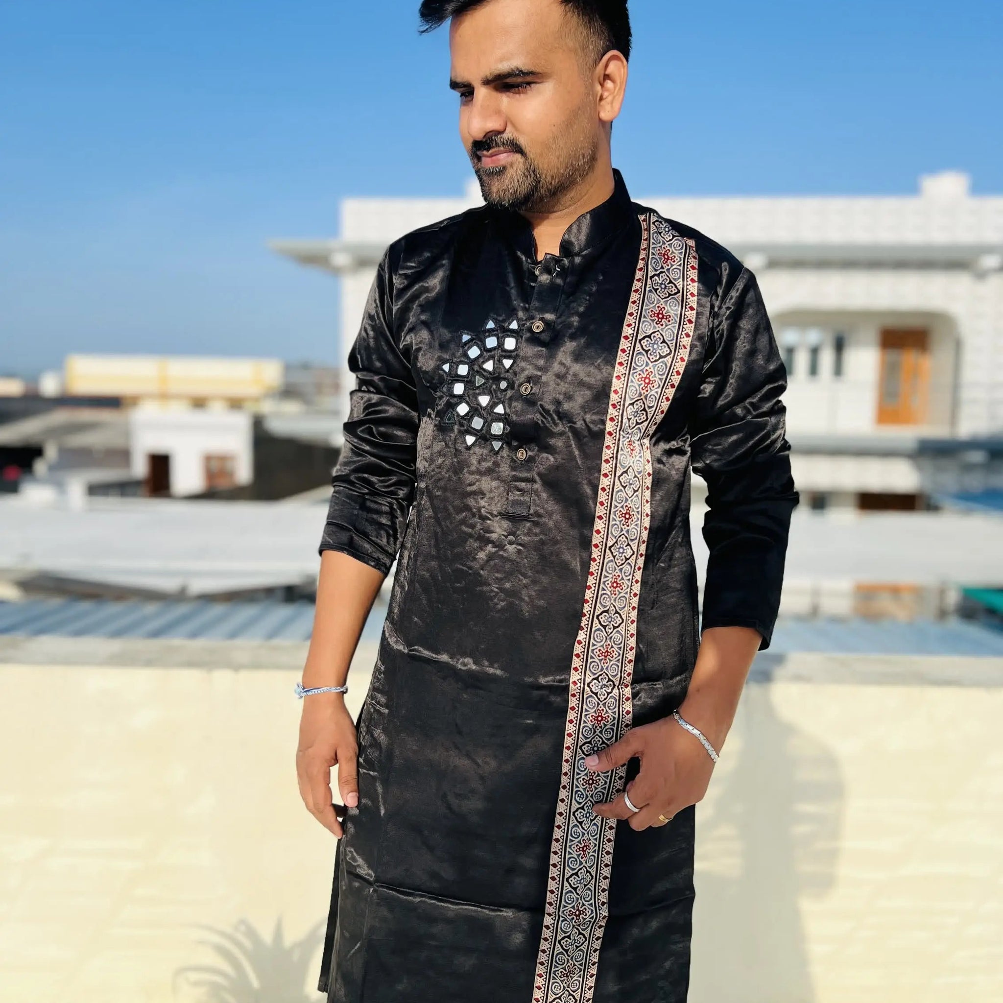 Black Ajarakh Panel Mirror Mashroo Silk Long Kurta RAKHIYO