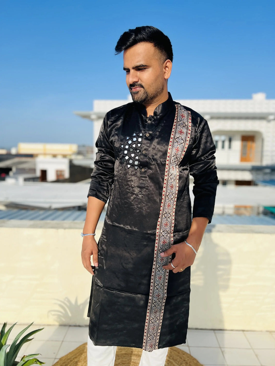 Black Ajarakh Panel Mirror Mashroo Silk Long Kurta RAKHIYO