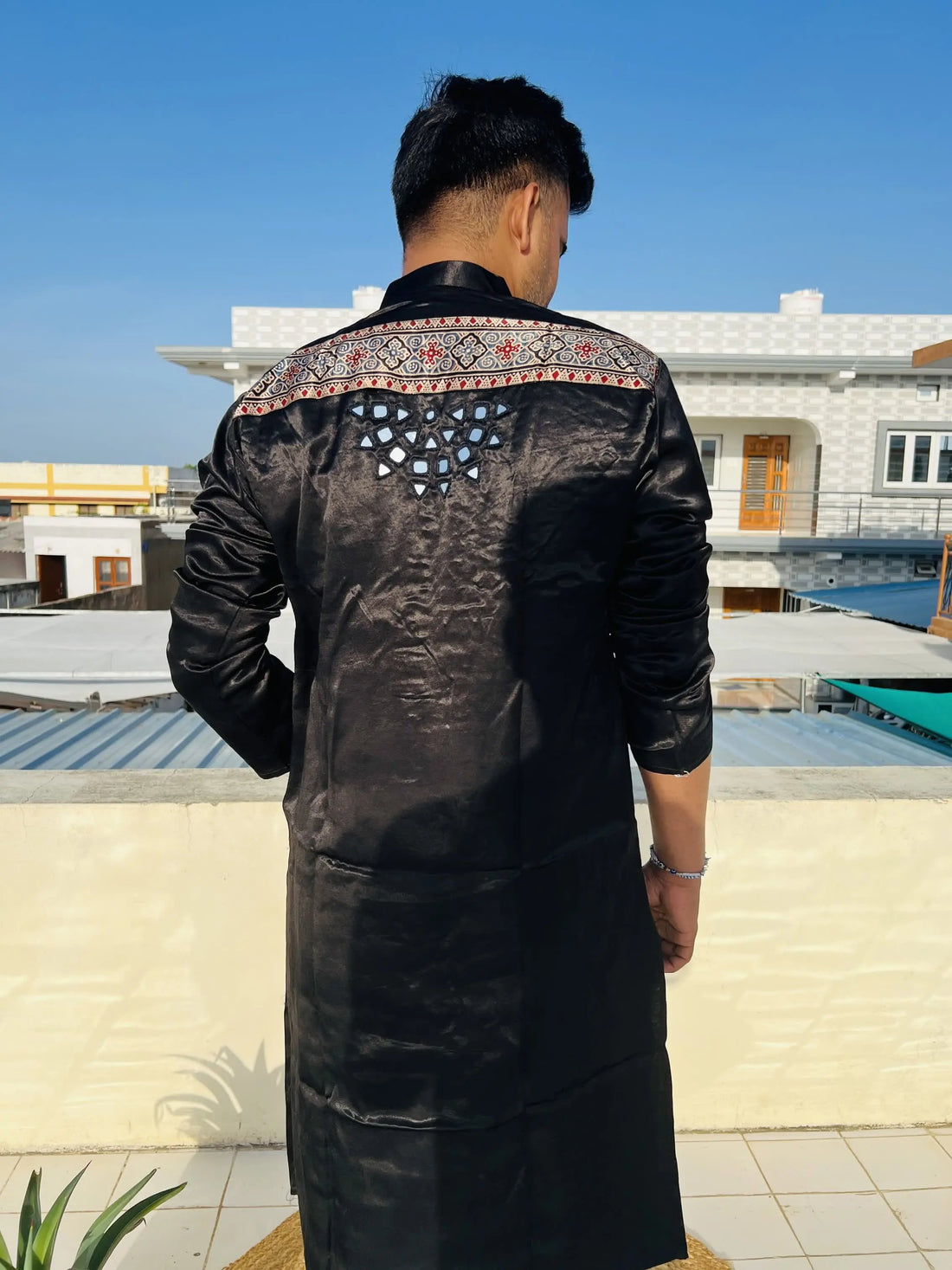 Black Ajarakh Panel Mirror Mashroo Silk Long Kurta RAKHIYO