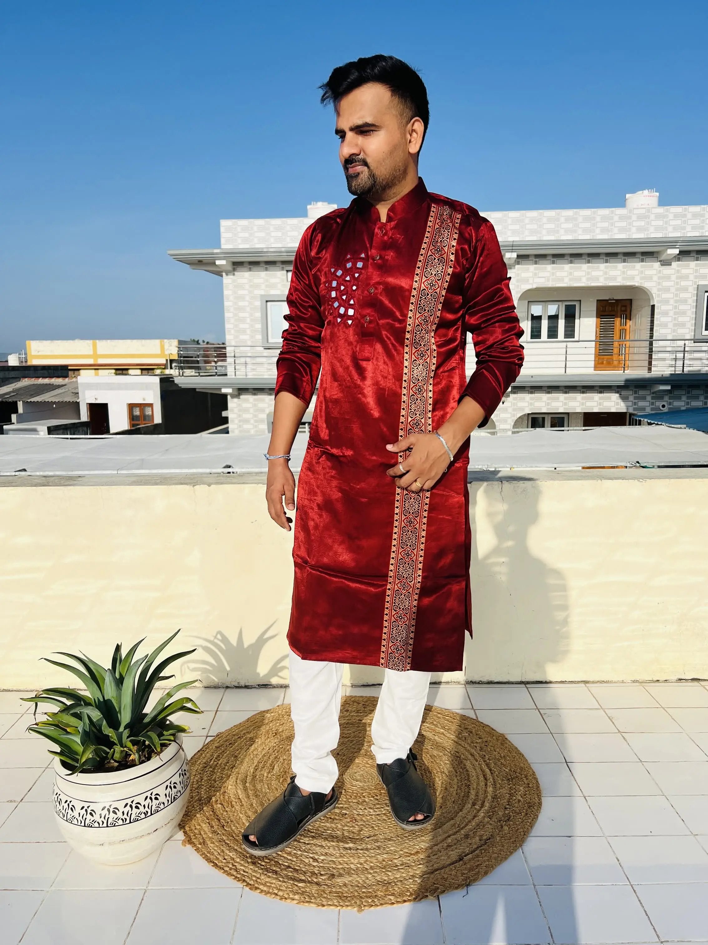 Maroon Ajarakh Panel Mirror Mashroo Silk Long Kurta RAKHIYO