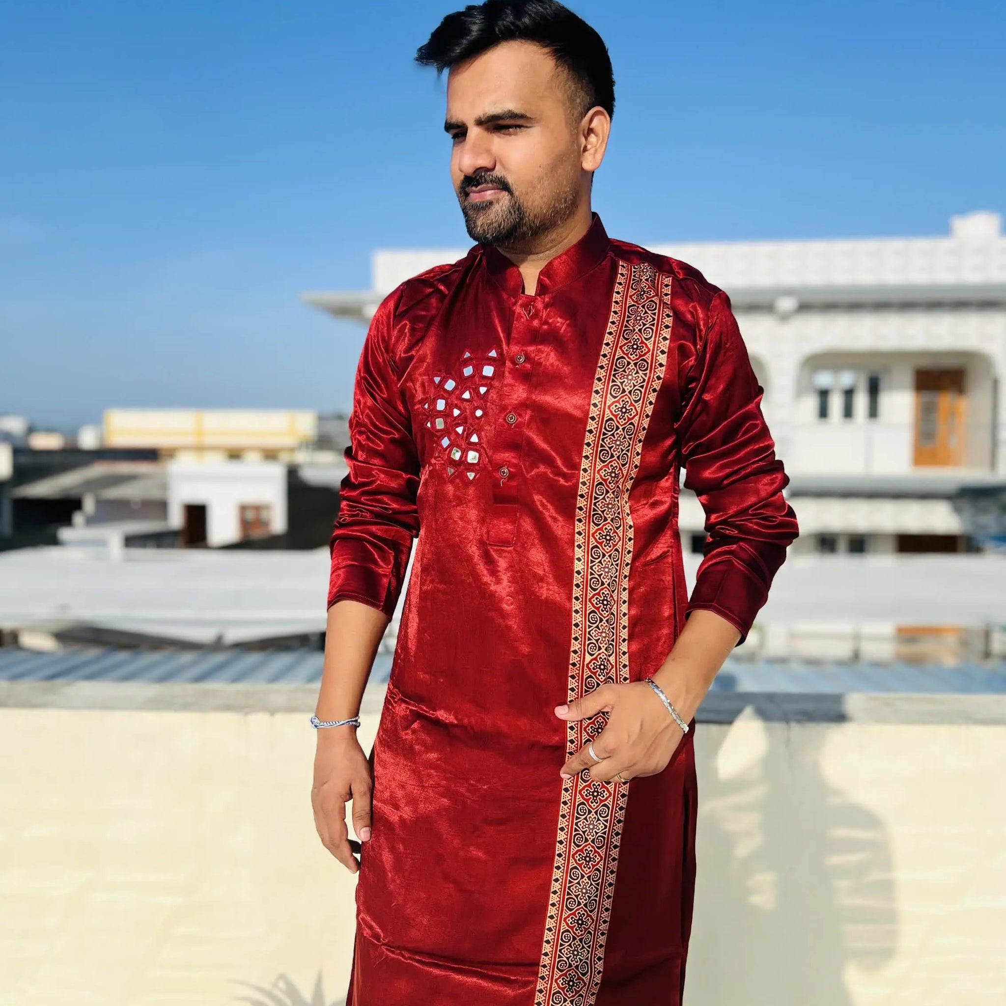 Maroon Ajarakh Panel Mirror Mashroo Silk Long Kurta RAKHIYO