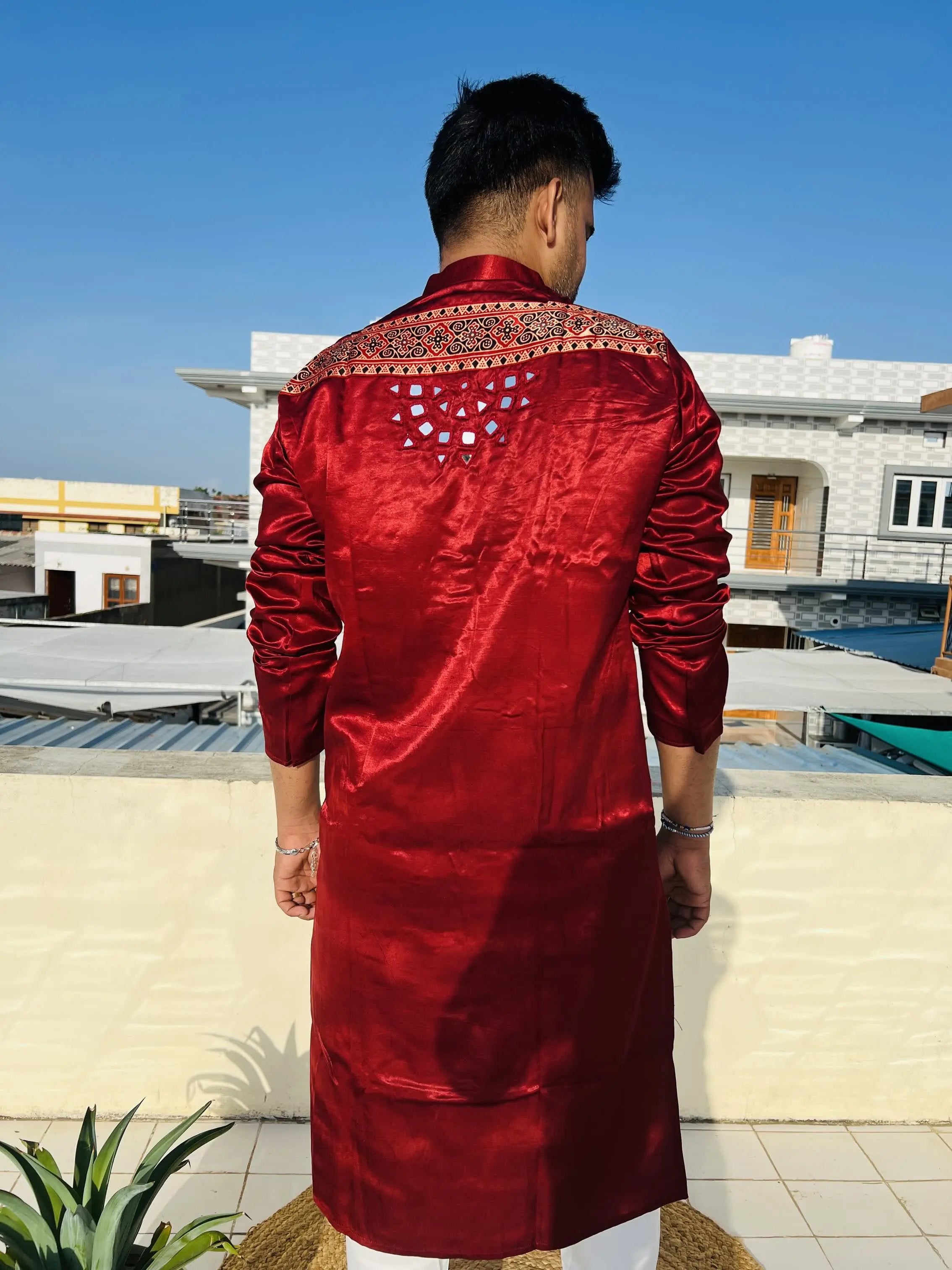 Maroon Ajarakh Panel Mirror Mashroo Silk Long Kurta RAKHIYO