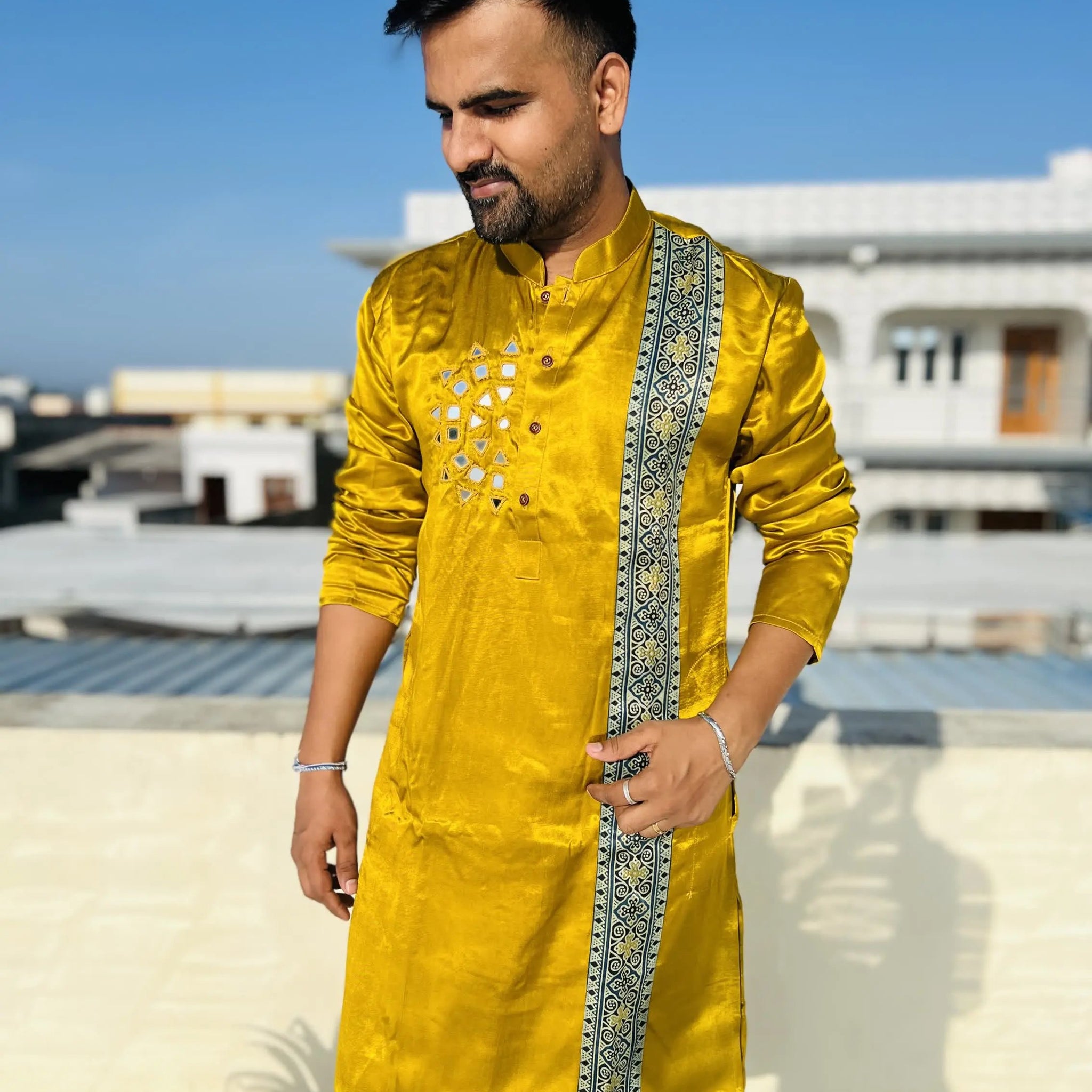 Mustard Ajarakh Panel Mirror Mashroo Silk Long Kurta RAKHIYO