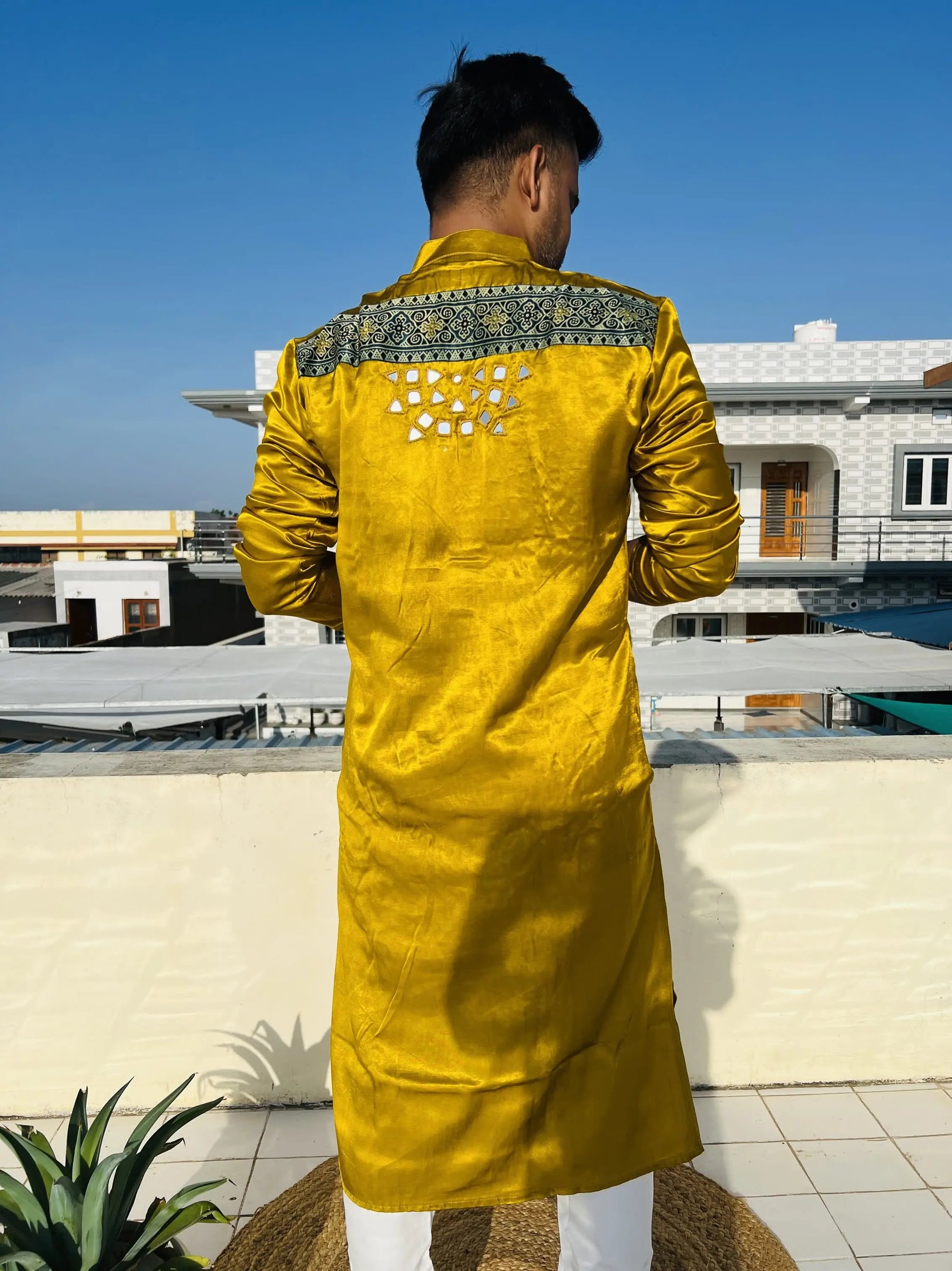 Mustard Ajarakh Panel Mirror Mashroo Silk Long Kurta RAKHIYO