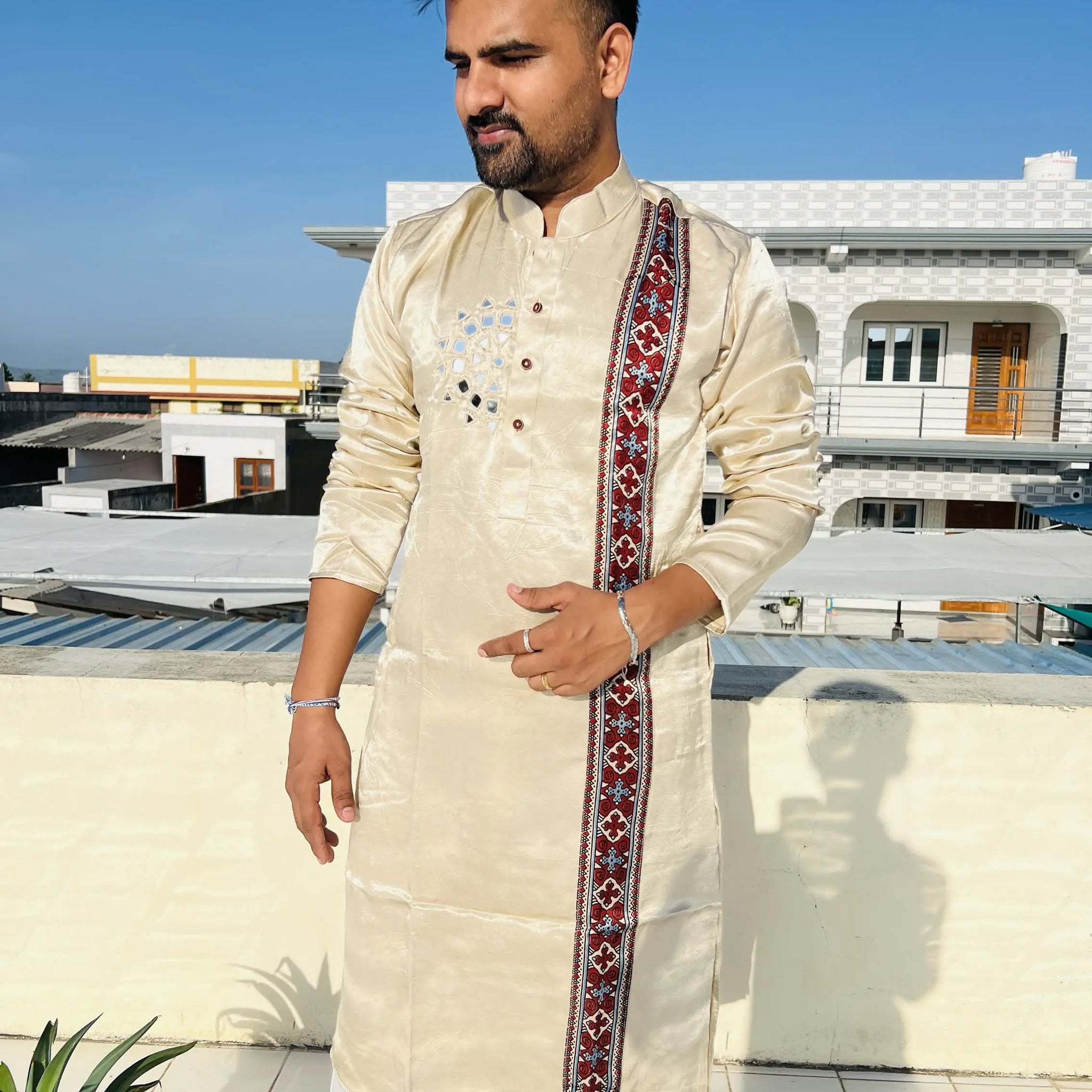 Cream Ajarakh Panel Mirror Mashroo Silk Long Kurta RAKHIYO
