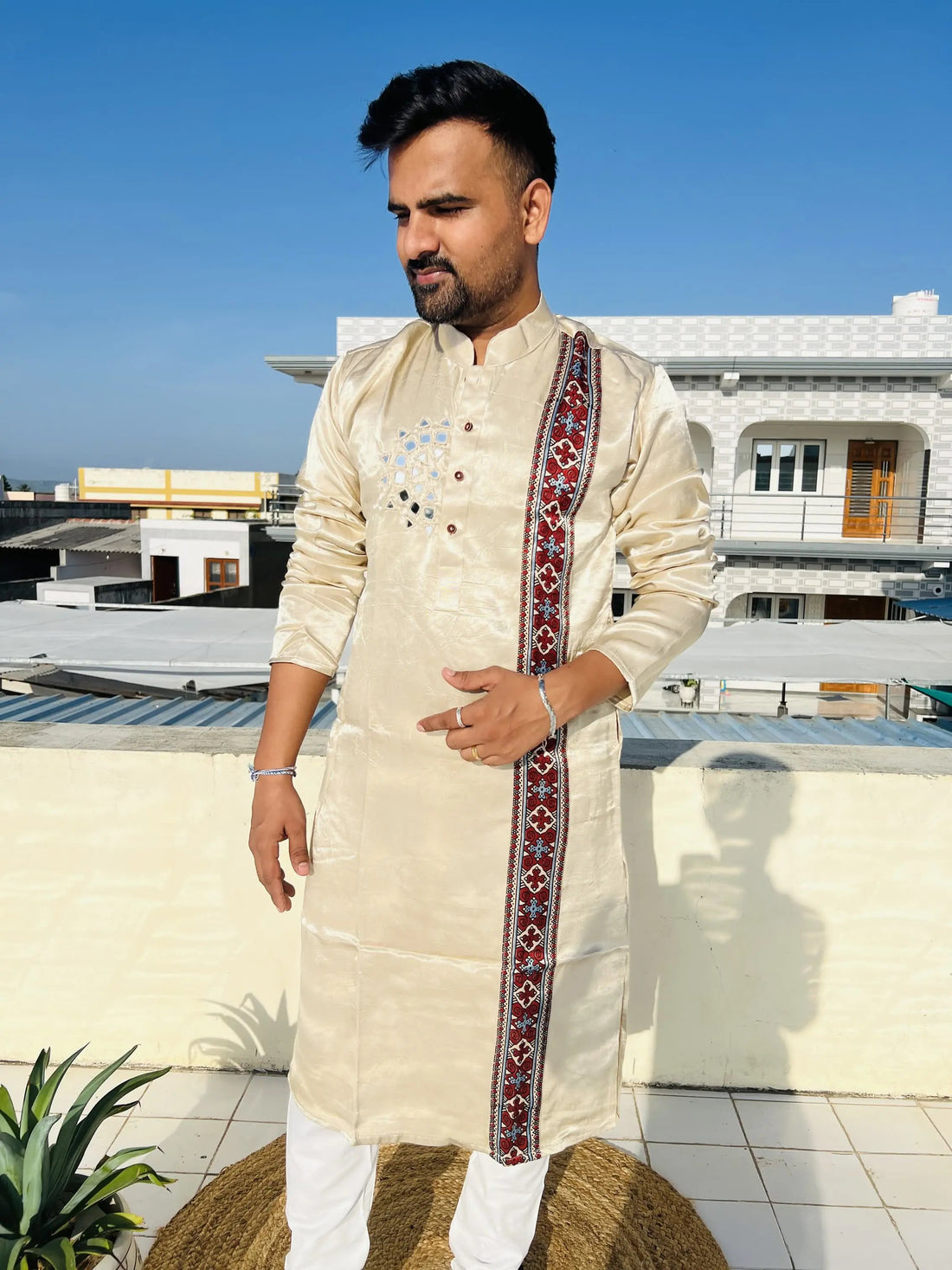 Cream Ajarakh Panel Mirror Mashroo Silk Long Kurta RAKHIYO