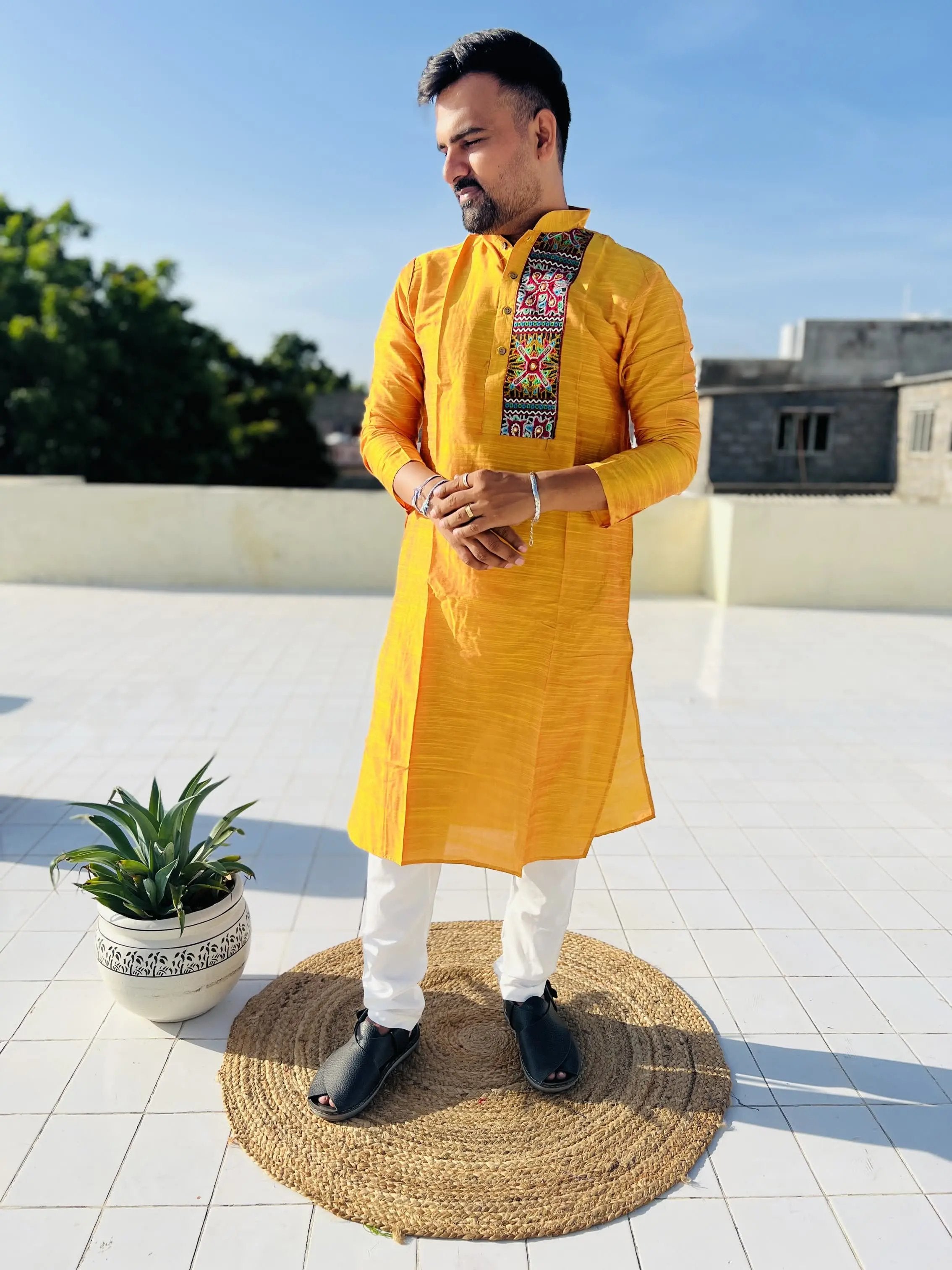 Mustard Raw Silk Plain Embroidered Men's Kurta RAKHIYO