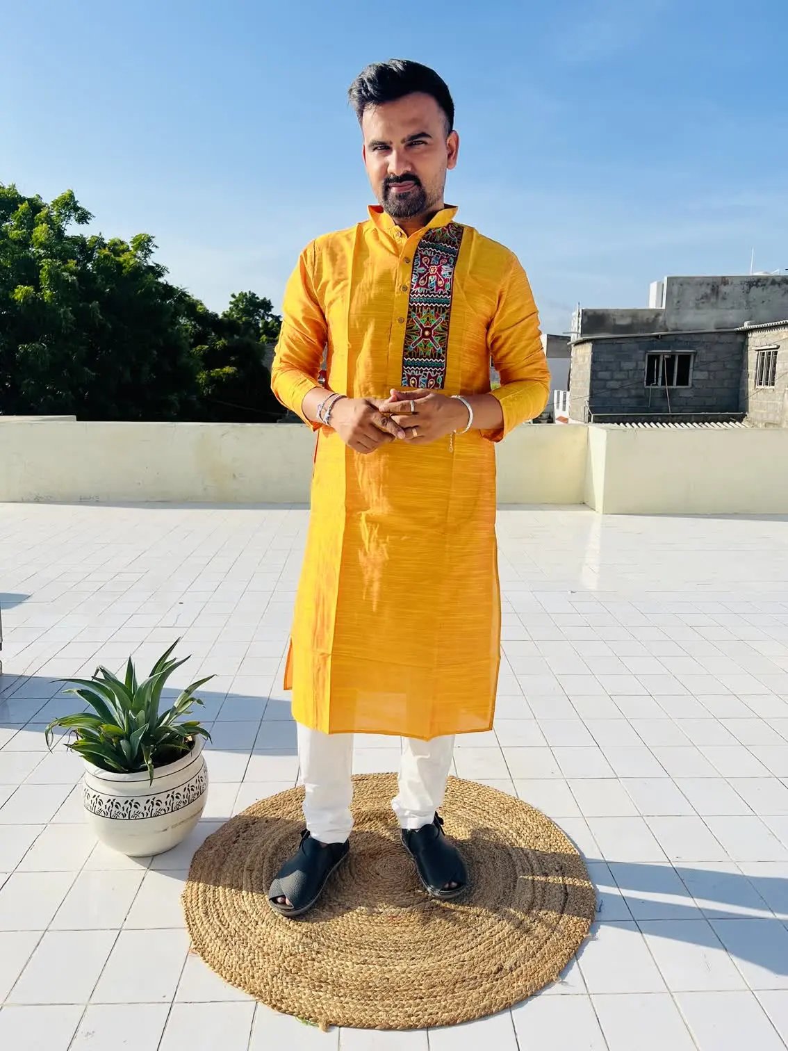 Mustard Raw Silk Plain Embroidered Men's Kurta RAKHIYO