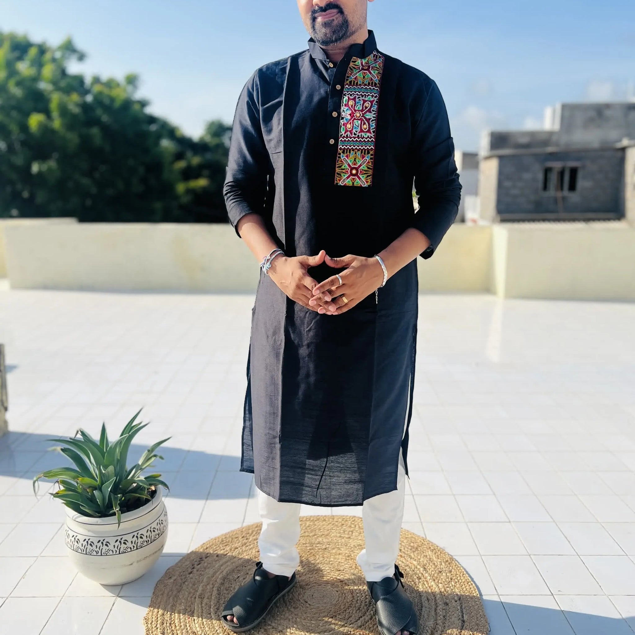 Black Raw Silk Plain Embroidered Men's Kurta RAKHIYO