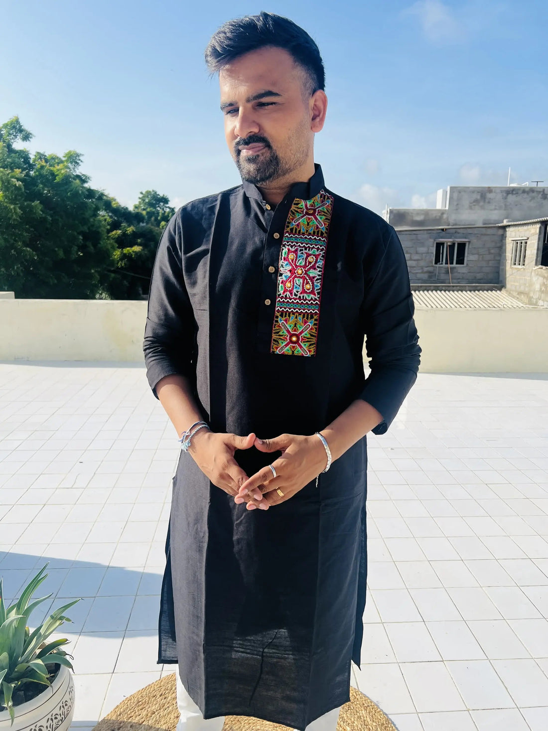 Black Raw Silk Plain Embroidered Men's Kurta RAKHIYO