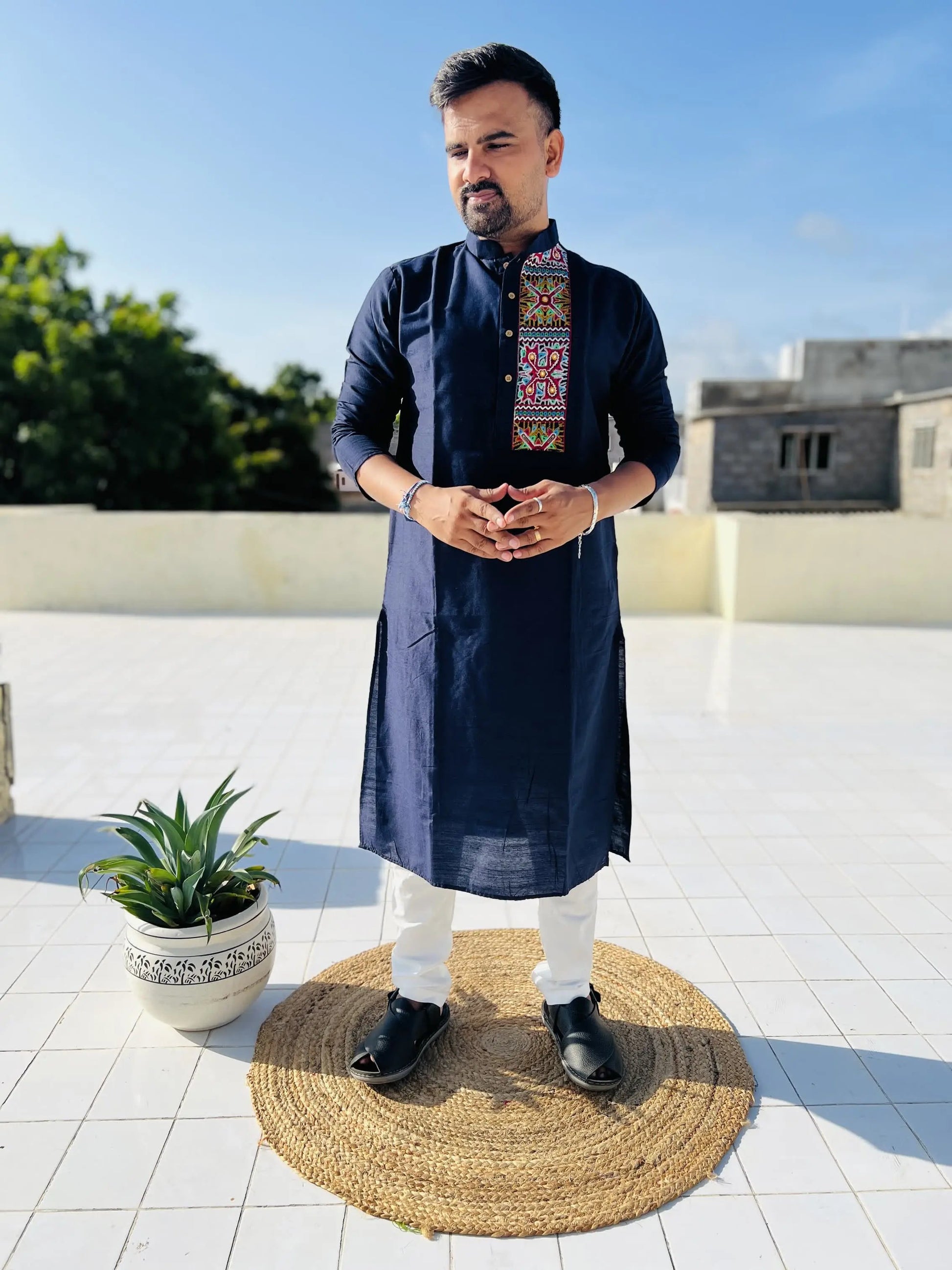 Navy Blue Raw Silk Plain Embroidered Men's Kurta RAKHIYO