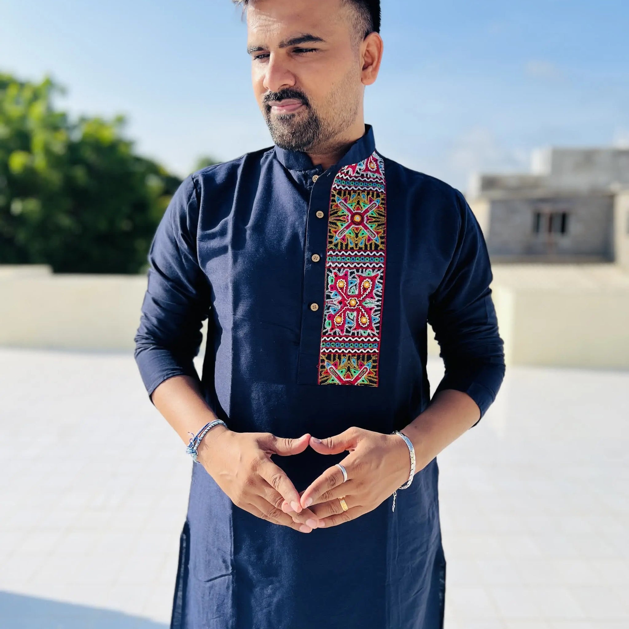 Navy Blue Raw Silk Plain Embroidered Men's Kurta RAKHIYO