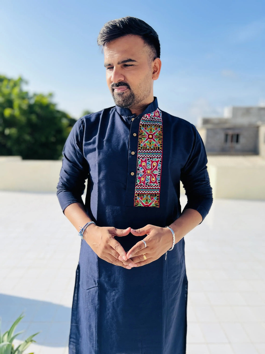 Navy Blue Raw Silk Plain Embroidered Men's Kurta RAKHIYO
