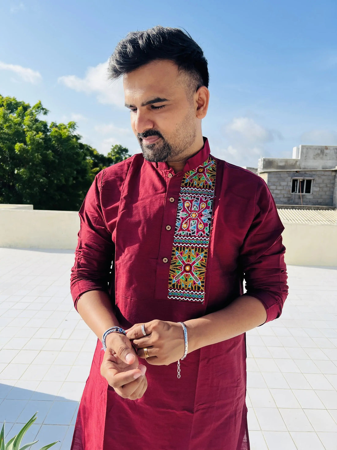 Maroon Raw Silk Plain Embroidered Men's Kurta RAKHIYO
