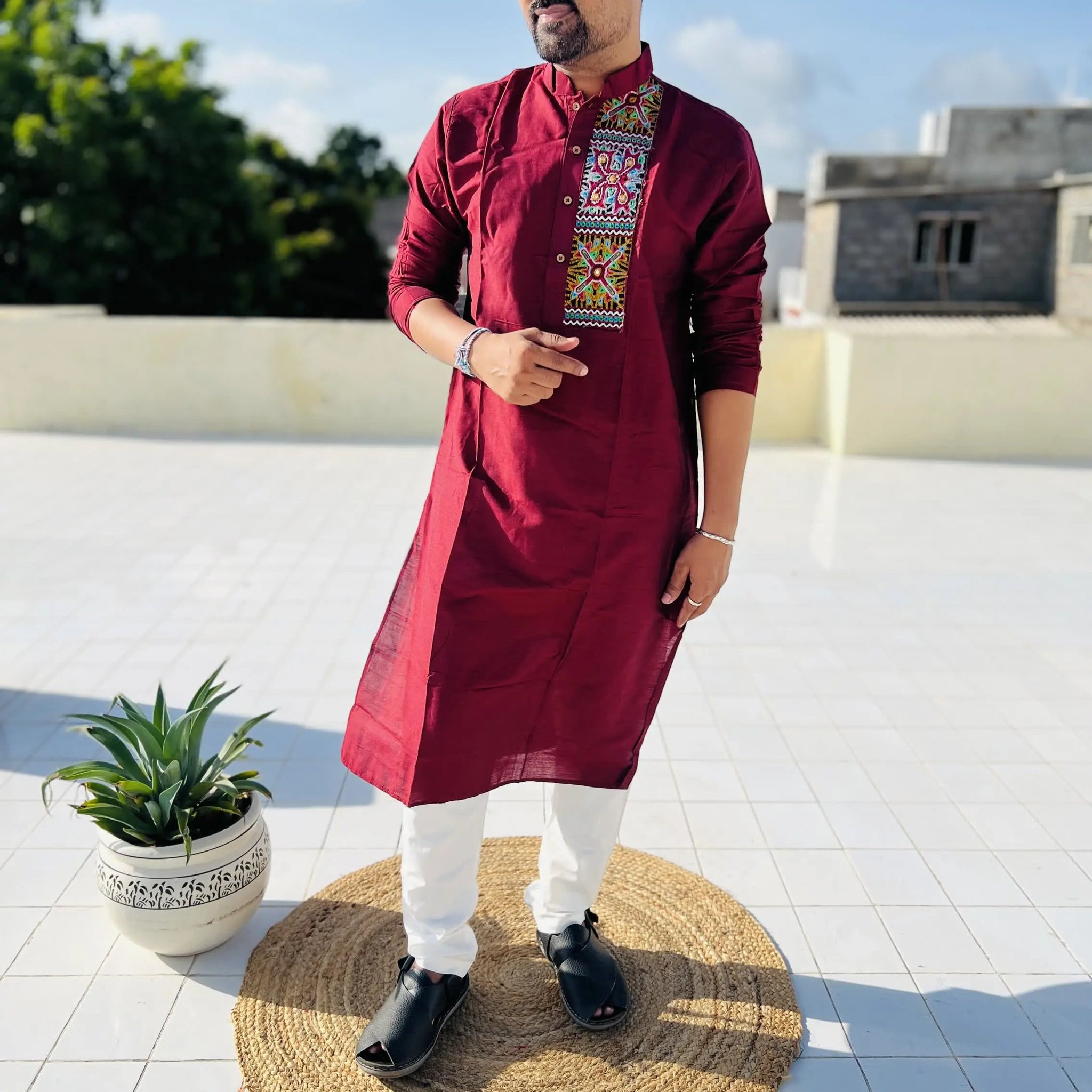 Maroon Raw Silk Plain Embroidered Men's Kurta RAKHIYO