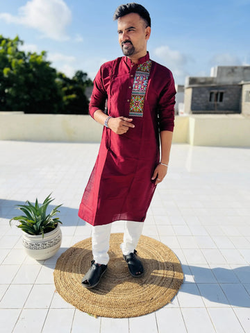 Maroon Raw Silk Plain Embroidered Men's Kurta RAKHIYO