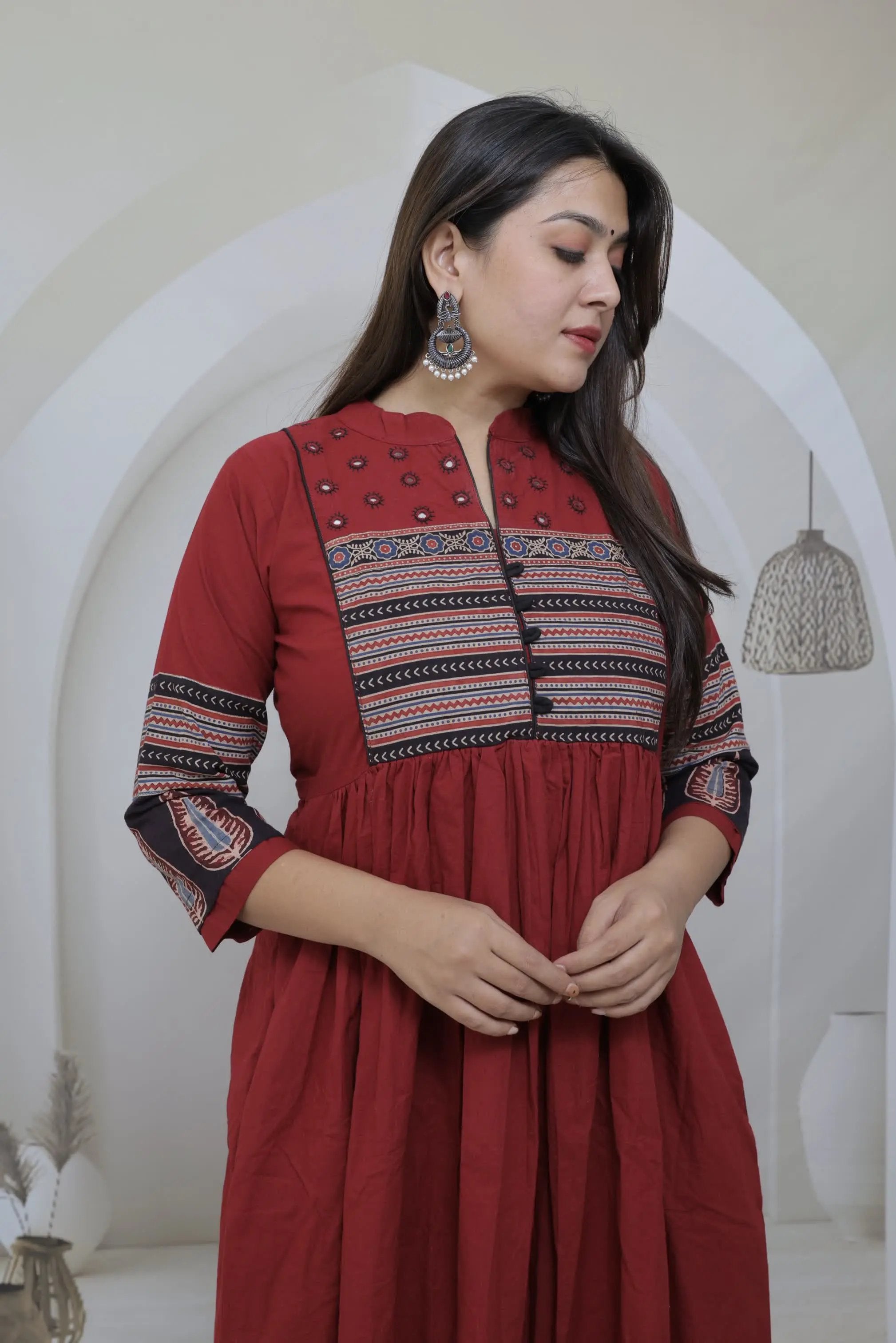 Anika Maroon Ajarakh & Mirror Cotton One Piece Kurti RAKHIYO