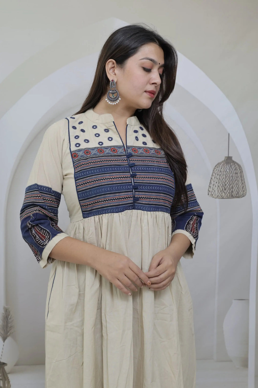 Anika Cream Ajarakh & Mirror Cotton One Piece Kurti RAKHIYO