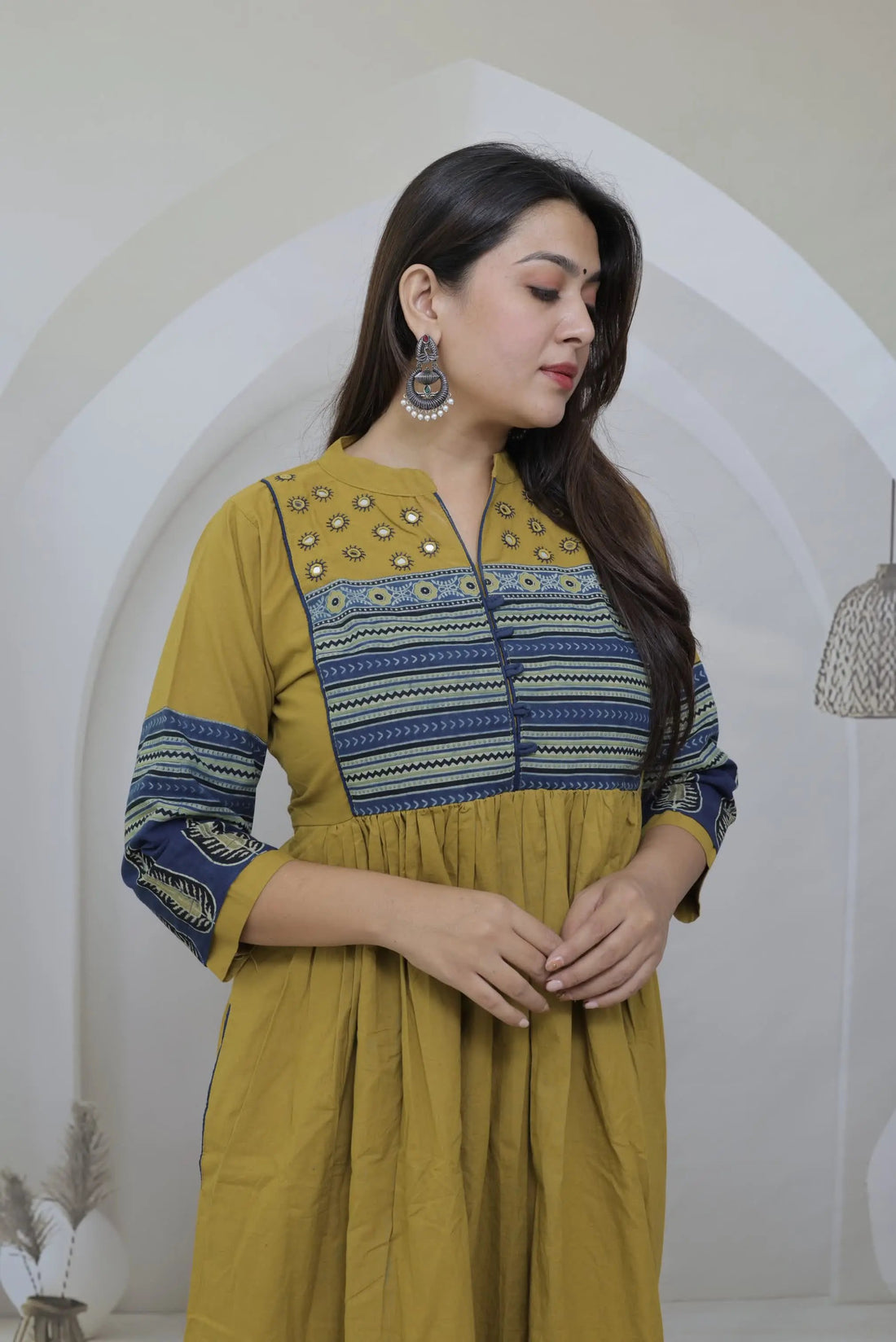 Anika Mustard Ajarakh & Mirror Cotton One Piece Kurti RAKHIYO