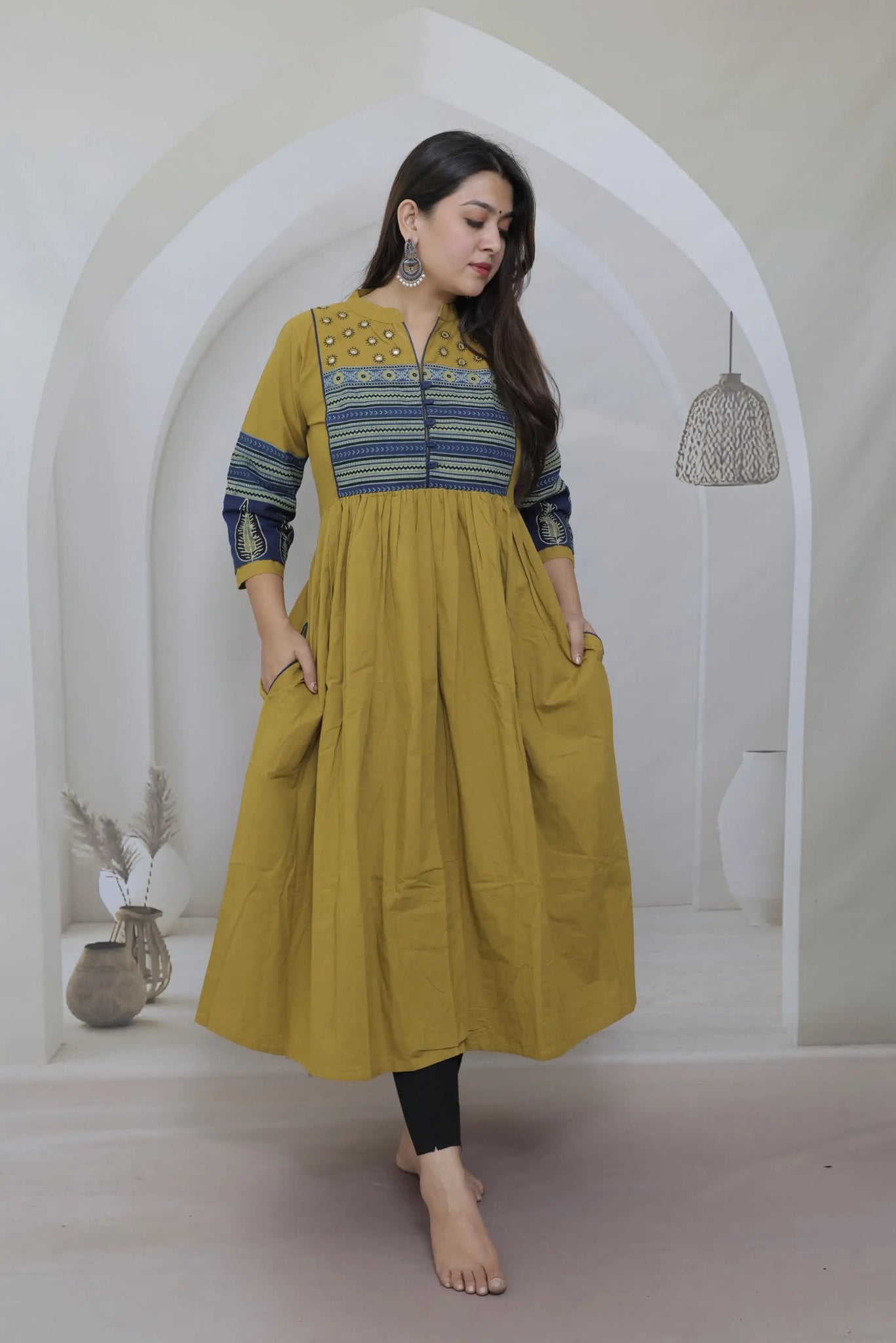 Anika Mustard Ajarakh & Mirror Cotton One Piece Kurti RAKHIYO