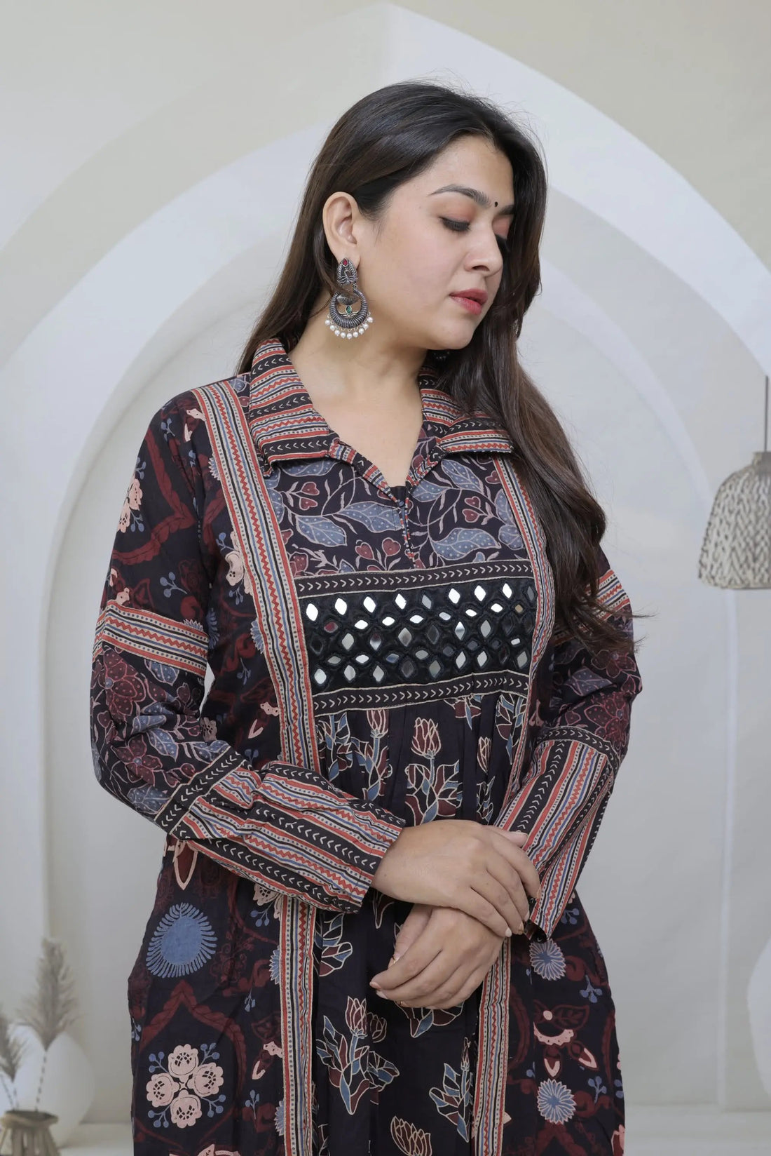 Swara Black Ajarakh-Mirror-Collar-One Piece Multy Cotton Kurti RAKHIYO
