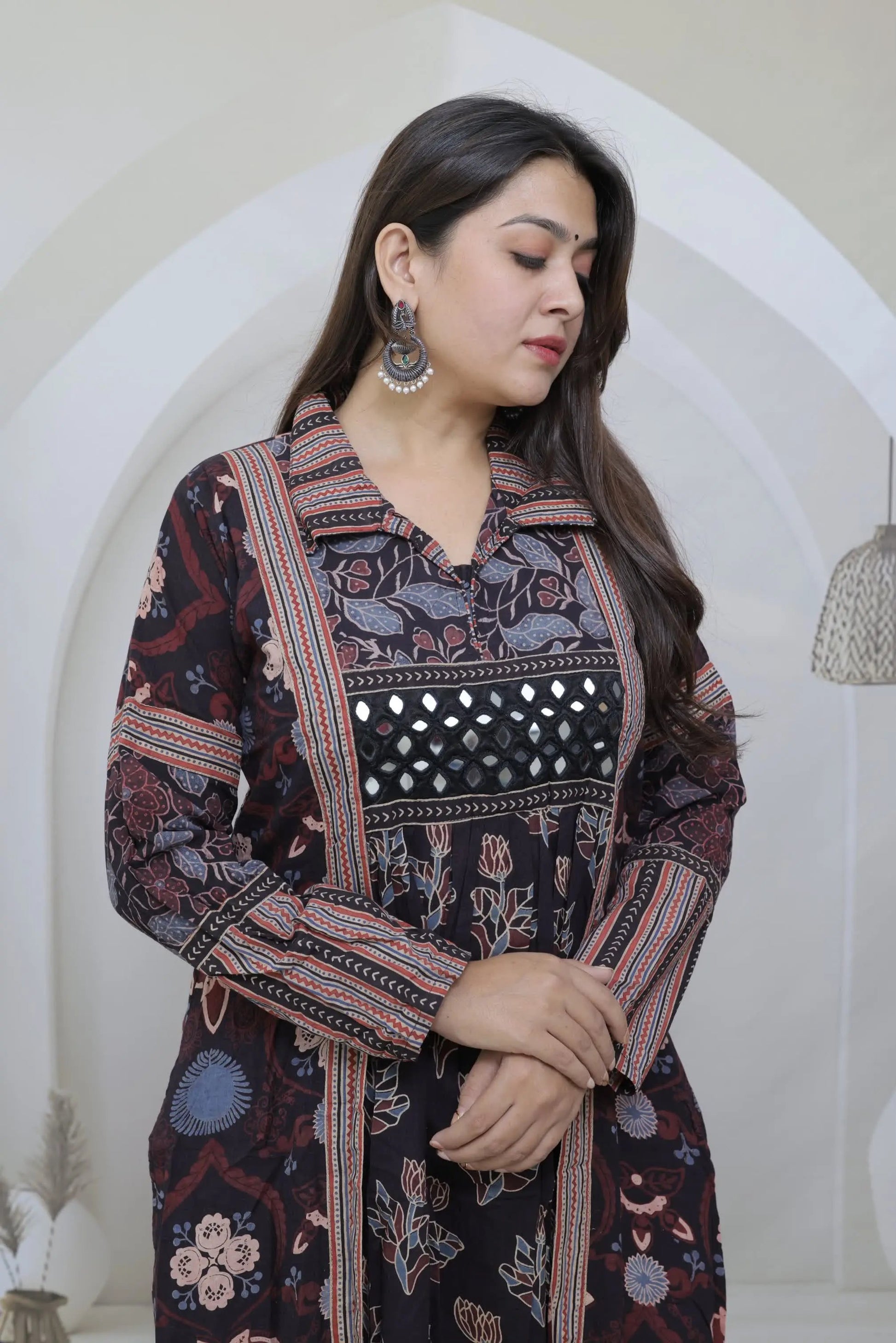 Swara Black Ajarakh-Mirror-Collar-One Piece Multy Cotton Kurti RAKHIYO