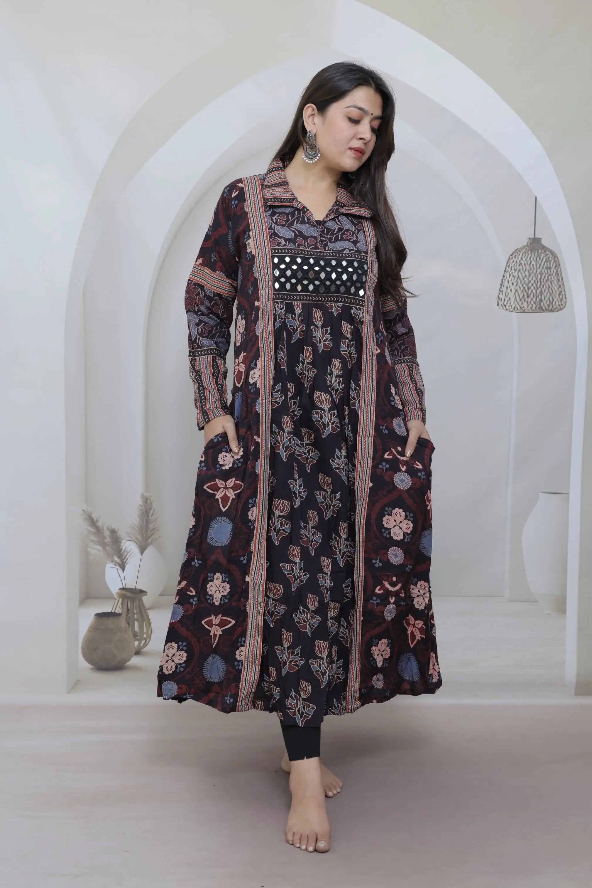 Swara Black Ajarakh-Mirror-Collar-One Piece Multy Cotton Kurti RAKHIYO