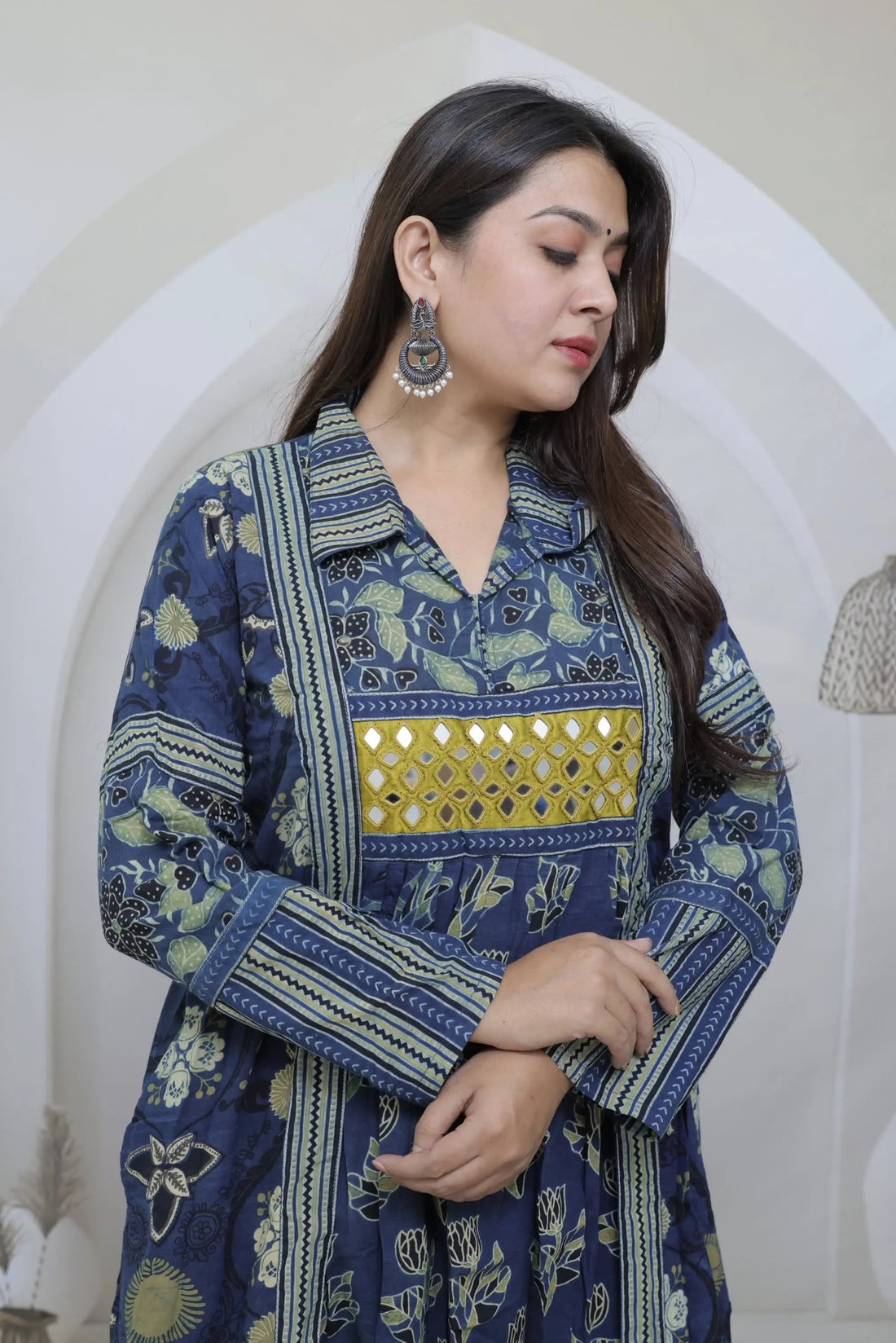 Swara Indigo Ajarakh-Mirror-Collar-One Piece Multy Cotton Kurti RAKHIYO