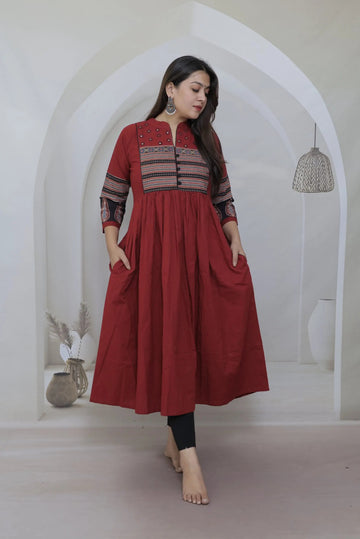 Anika Maroon Ajarakh & Mirror Cotton One Piece Kurti RAKHIYO