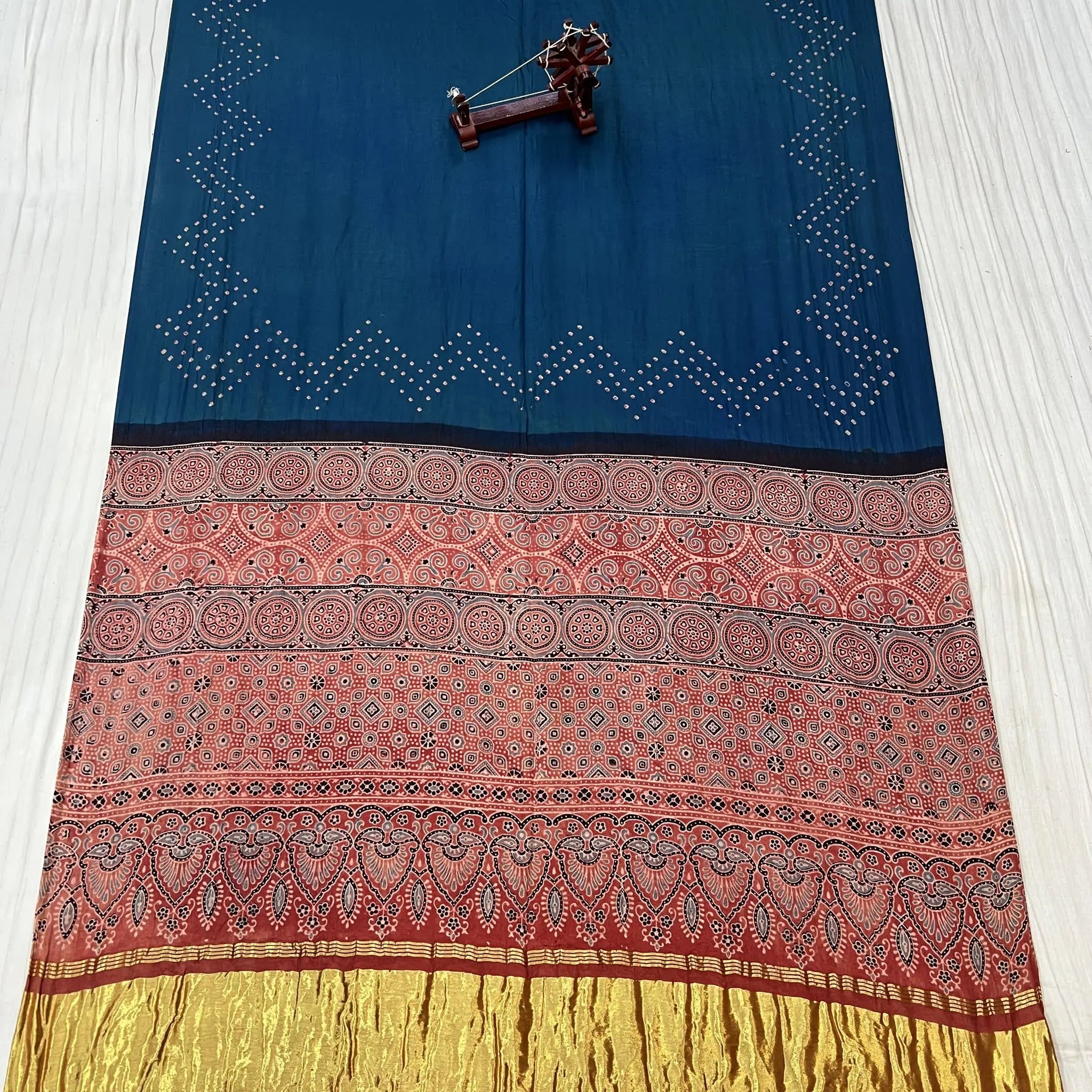Blue Gaala Design Premium Rai Bandhej Gaji Silk Ajarakh-bandhani Saree RAKHIYO