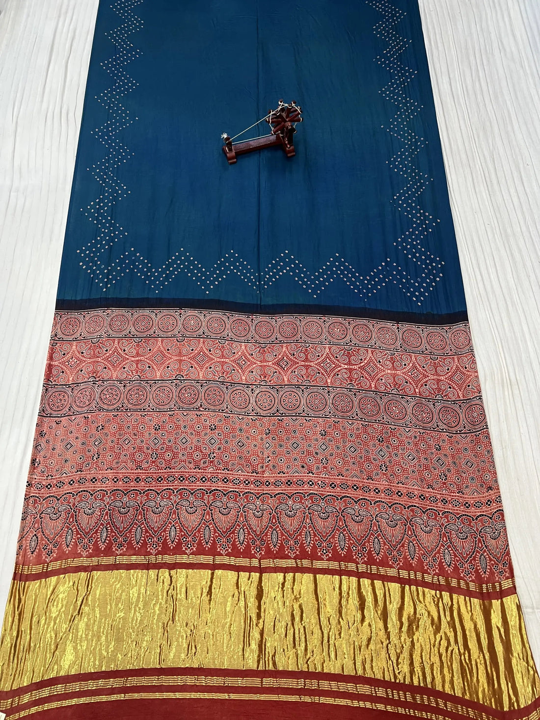 Blue Gaala Design Premium Rai Bandhej Gaji Silk Ajarakh-bandhani Saree RAKHIYO