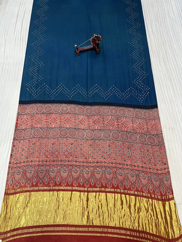 Blue Gaala Design Premium Rai Bandhej Gaji Silk Ajarakh-bandhani Saree RAKHIYO