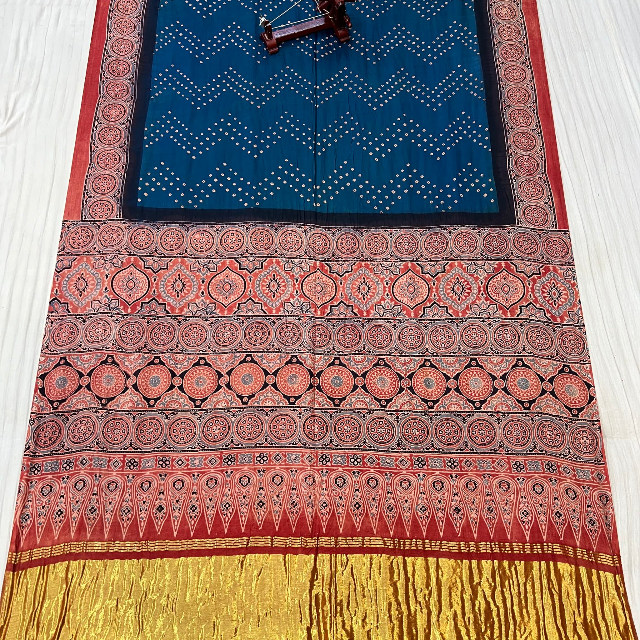 Teal Blue Premium Rai Bandhej Gaji Silk Ajarakh-bandhani Saree RAKHIYO