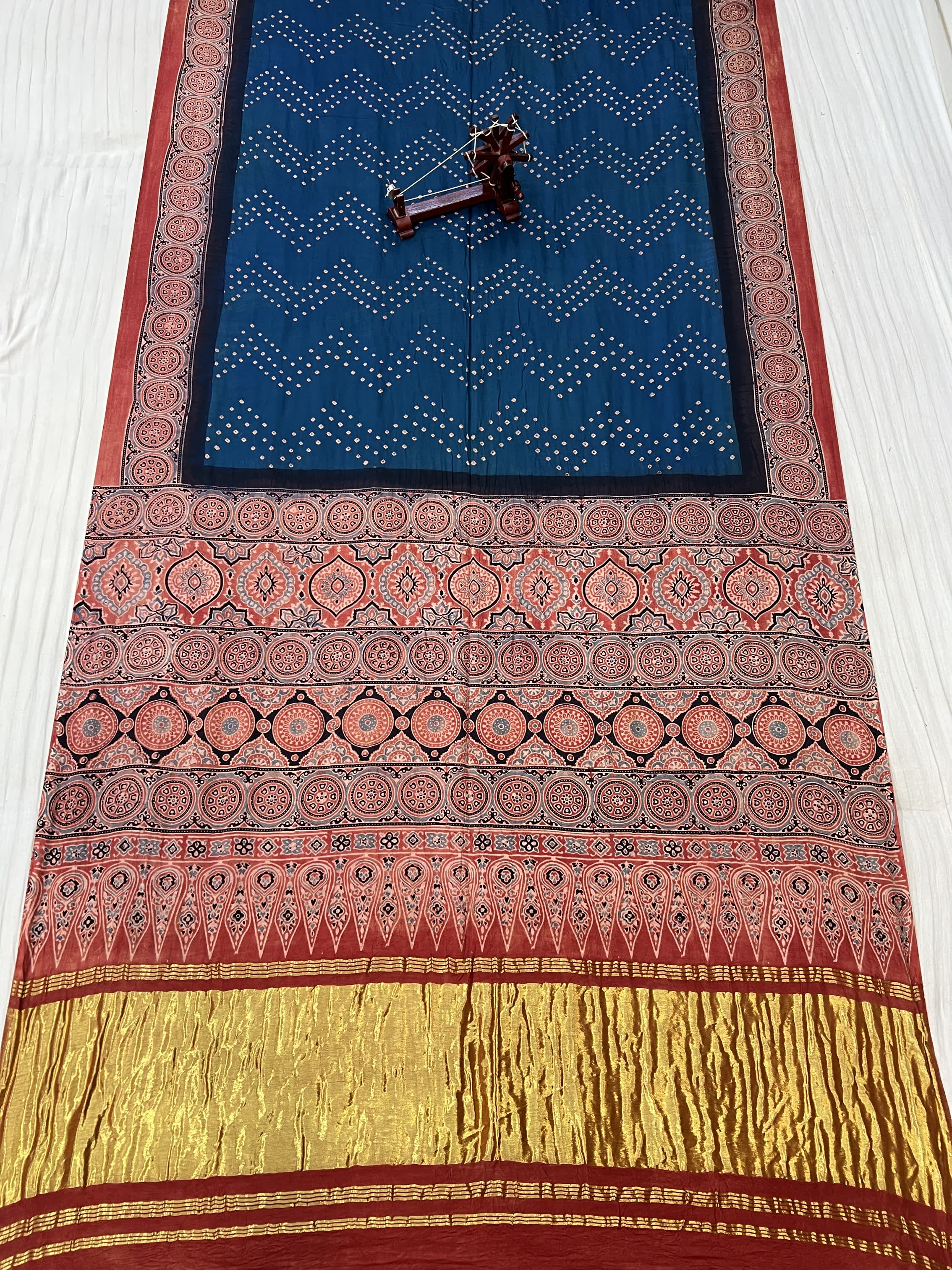 Teal Blue Premium Rai Bandhej Gaji Silk Ajarakh-bandhani Saree RAKHIYO