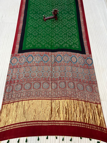 Green Rai Bandhej Gaji Silk Ajarakh-bandhani Saree RAKHIYO