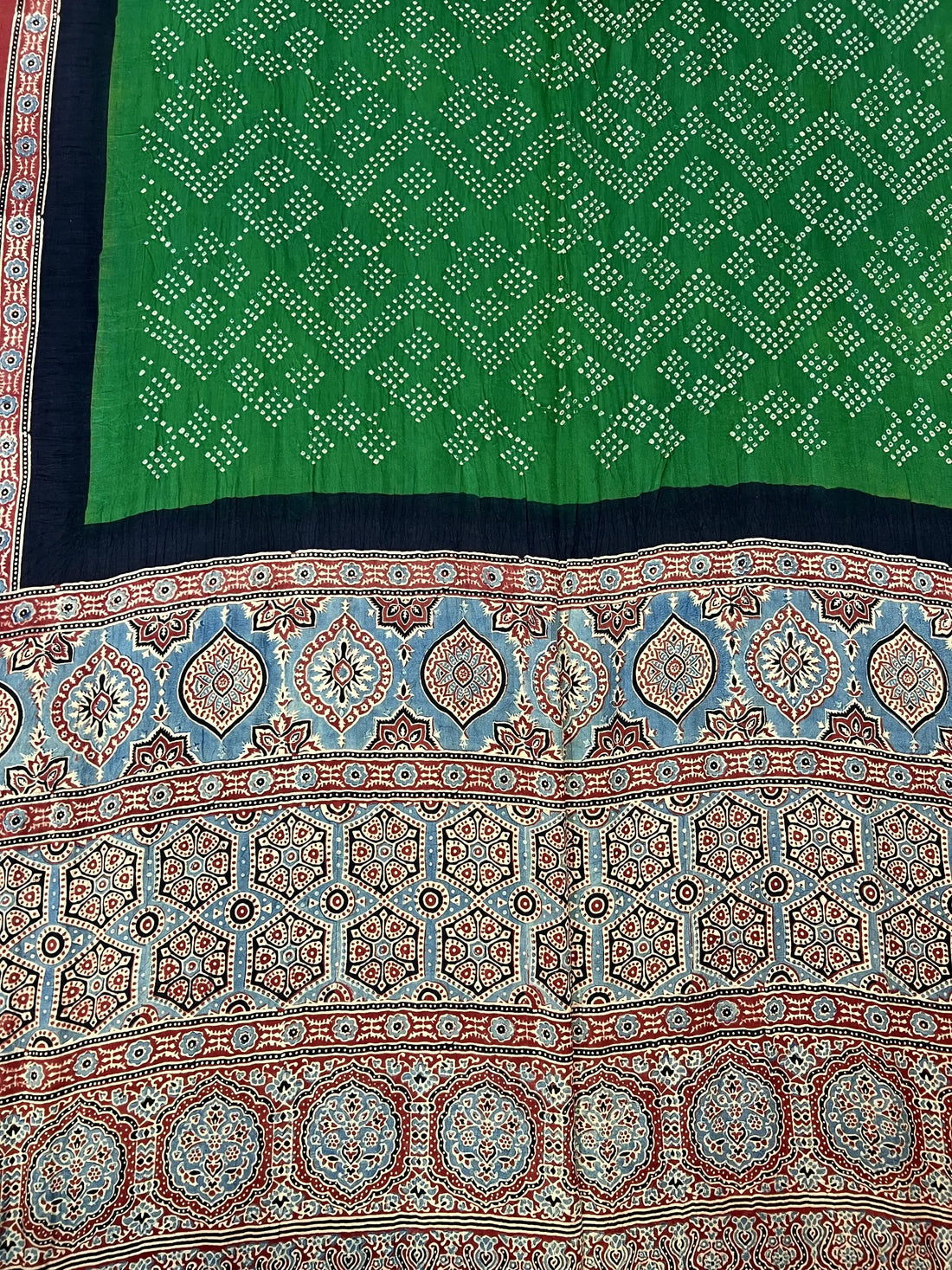 Green Rai Bandhej Gaji Silk Ajarakh-bandhani Saree RAKHIYO