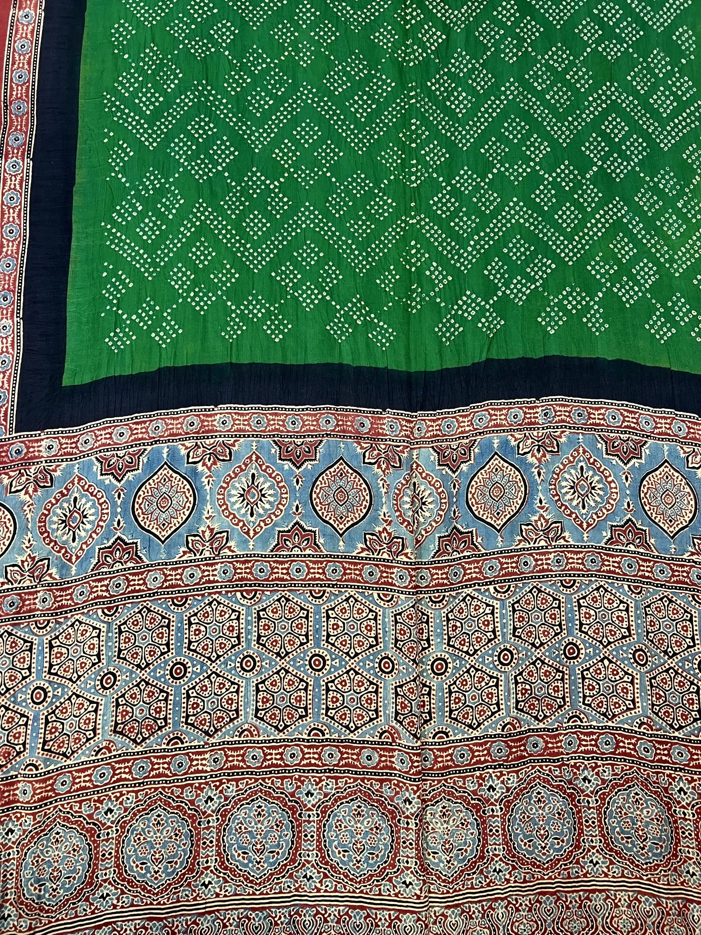 Green Rai Bandhej Gaji Silk Ajarakh-bandhani Saree RAKHIYO