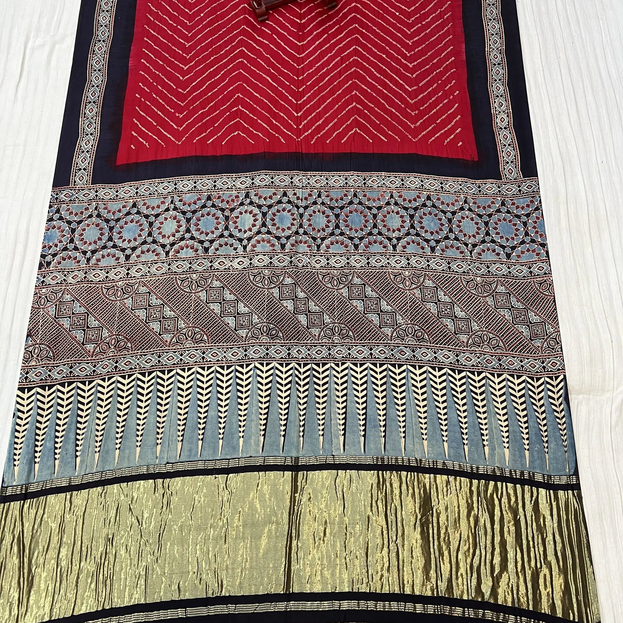 Red Premium Rai Bandhej Gaji Silk Ajarakh-bandhani Saree RAKHIYO