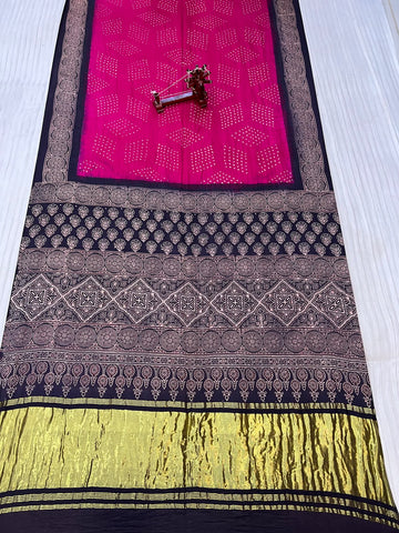 Pink Premium Rai Bandhej Gaji Silk Ajarakh-bandhani Saree RAKHIYO