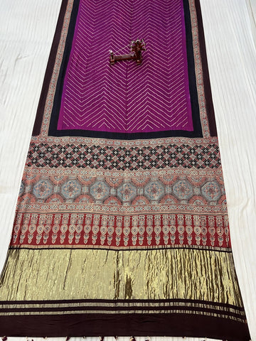 Purple Rai Bandhej Gaji Silk Ajarakh-bandhani Saree RAKHIYO