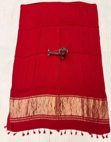 Red Plain Tissue Palla Modal Silk Saree RAKHIYO