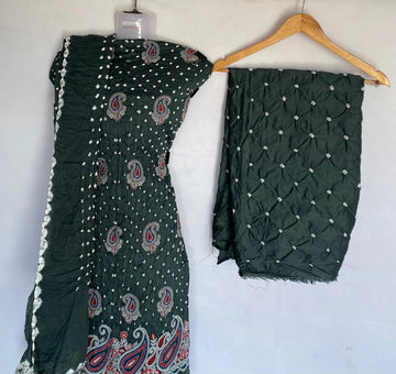 Dark Sea Green Lakhanavi Buta Bandhani Suit Material RAKHIYO