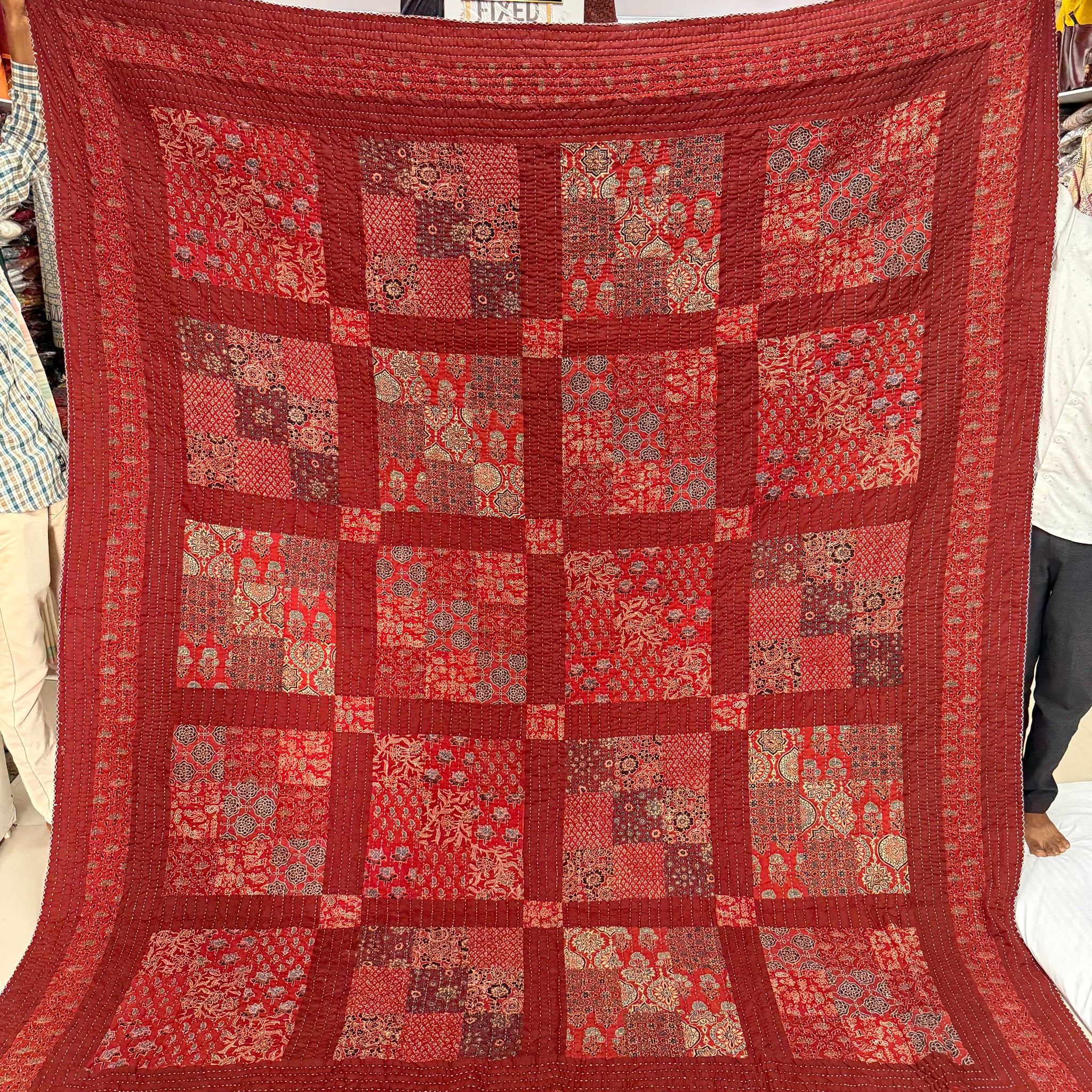 Ajarakh Maroon Patchwork Double Bed Godadi/Quilt